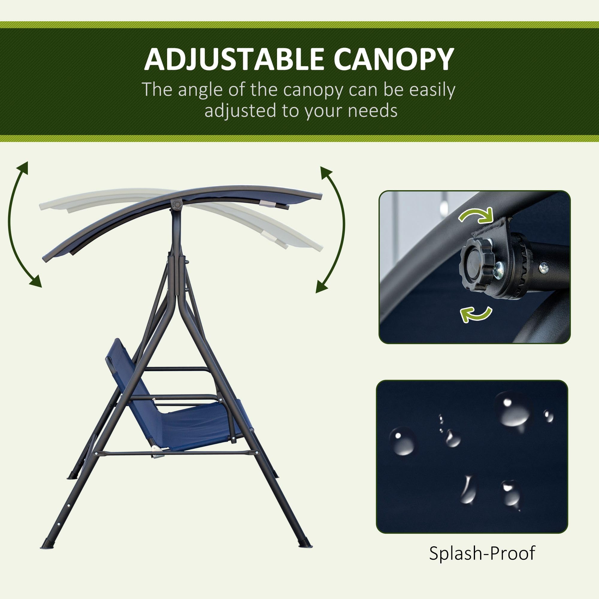 Outsunny 3-Person Outdoor Porch Swing with Stand - Steel Frame Patio Swing Bench with Adjustable Canopy & Comfortable Seat, Dark Blue - Perfect for Backyard, Garden, Deck Relaxation