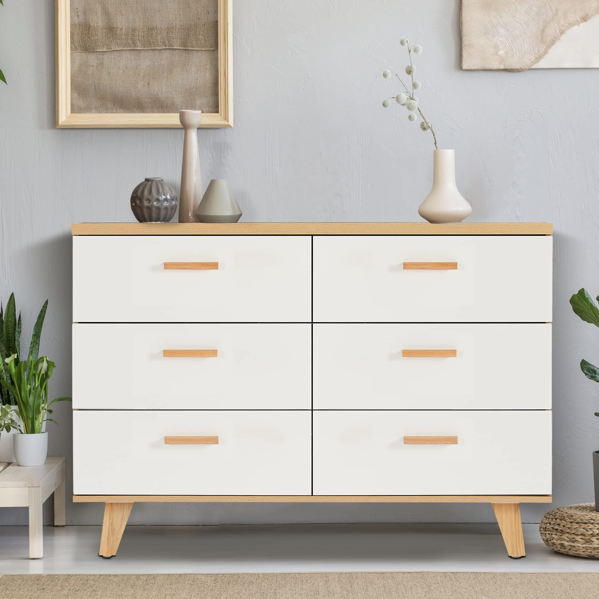 Mid Century Modern Wood Dresser - 6-Drawer Solid Wood Storage Cabinet with Handles & Feet for Bedroom, Living Room & Hallway | Vintage Style Dresser Organizer for Clothes, Linens & Home Decor