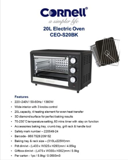 Cornell 20L Electric Oven CEOS20BK - Compact Countertop Oven for Baking, Roasting & Toasting - Perfect for Small Kitchens, Dorms & Apartments