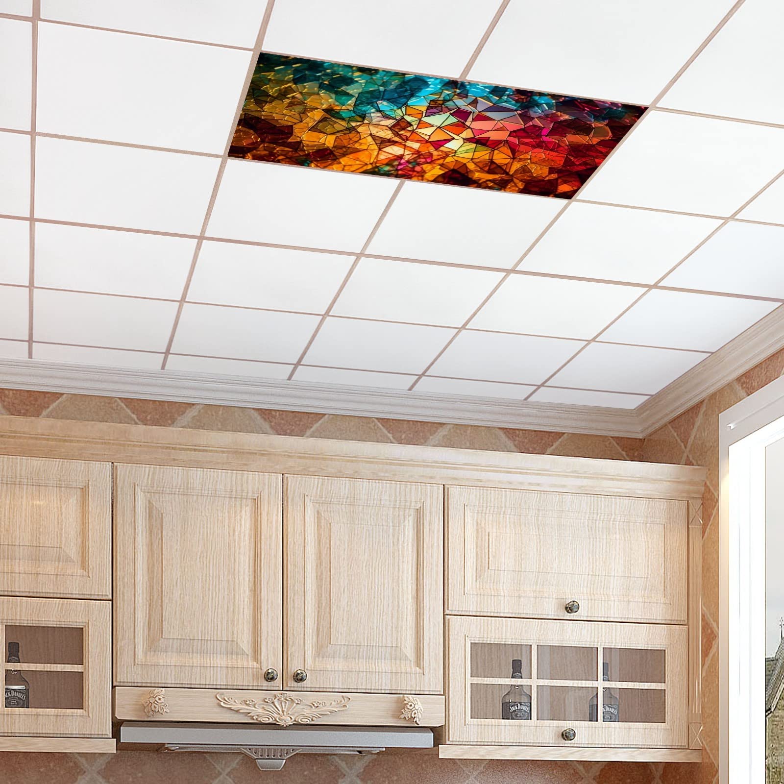 Fluorescent Light Cover for Classroom Ceiling Lights - 24x48 Inch (2x4 FT) Colorful Yellow & Blue Window Glass Pattern - Reduce Glare, Improve Focus & Prevent Headaches - Perfect for Schools, Offices & Study Rooms