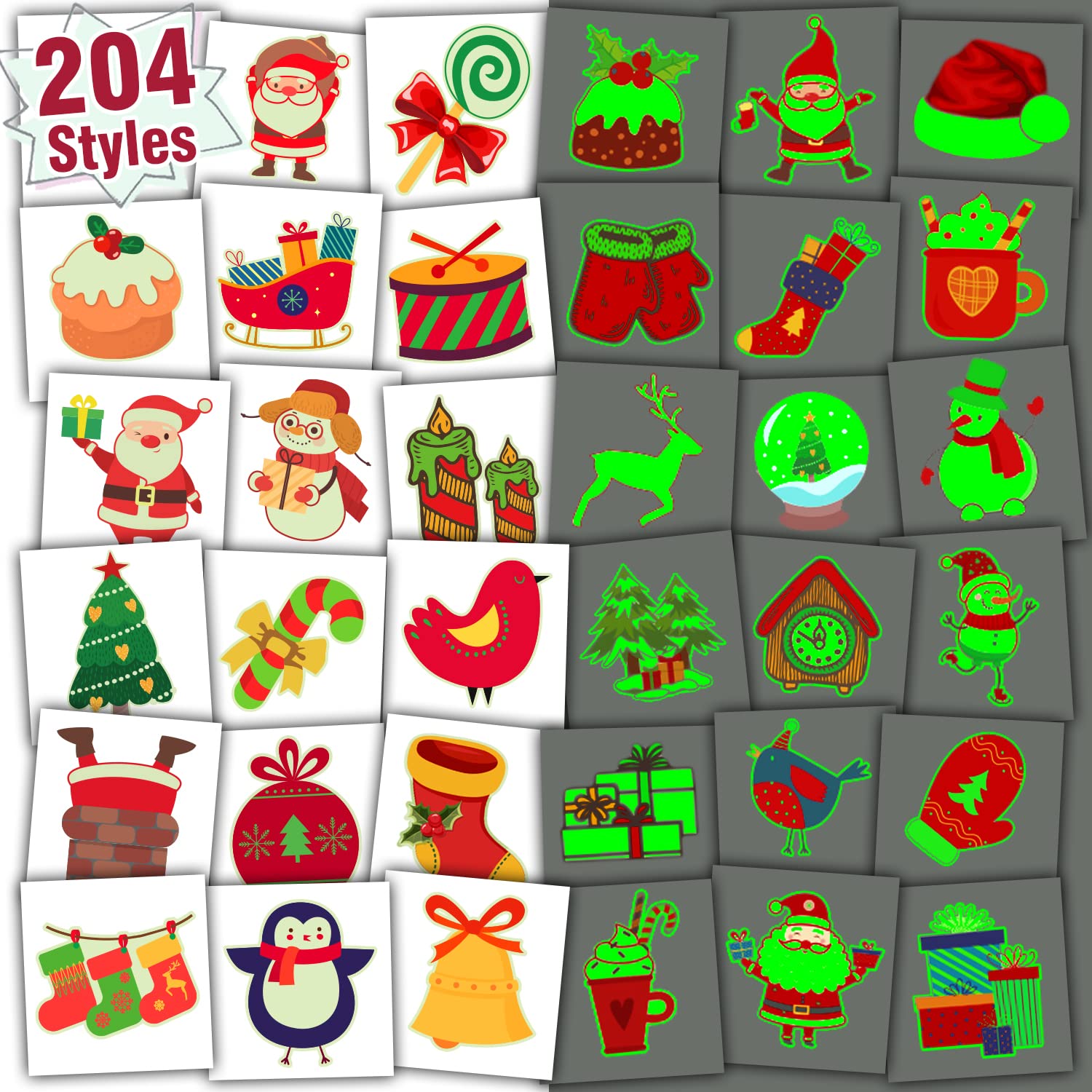 Glow Christmas Tattoos for Kids - 204 PCS Party Favors, Stocking Stuffers & Holiday Decorations for Christmas Parties