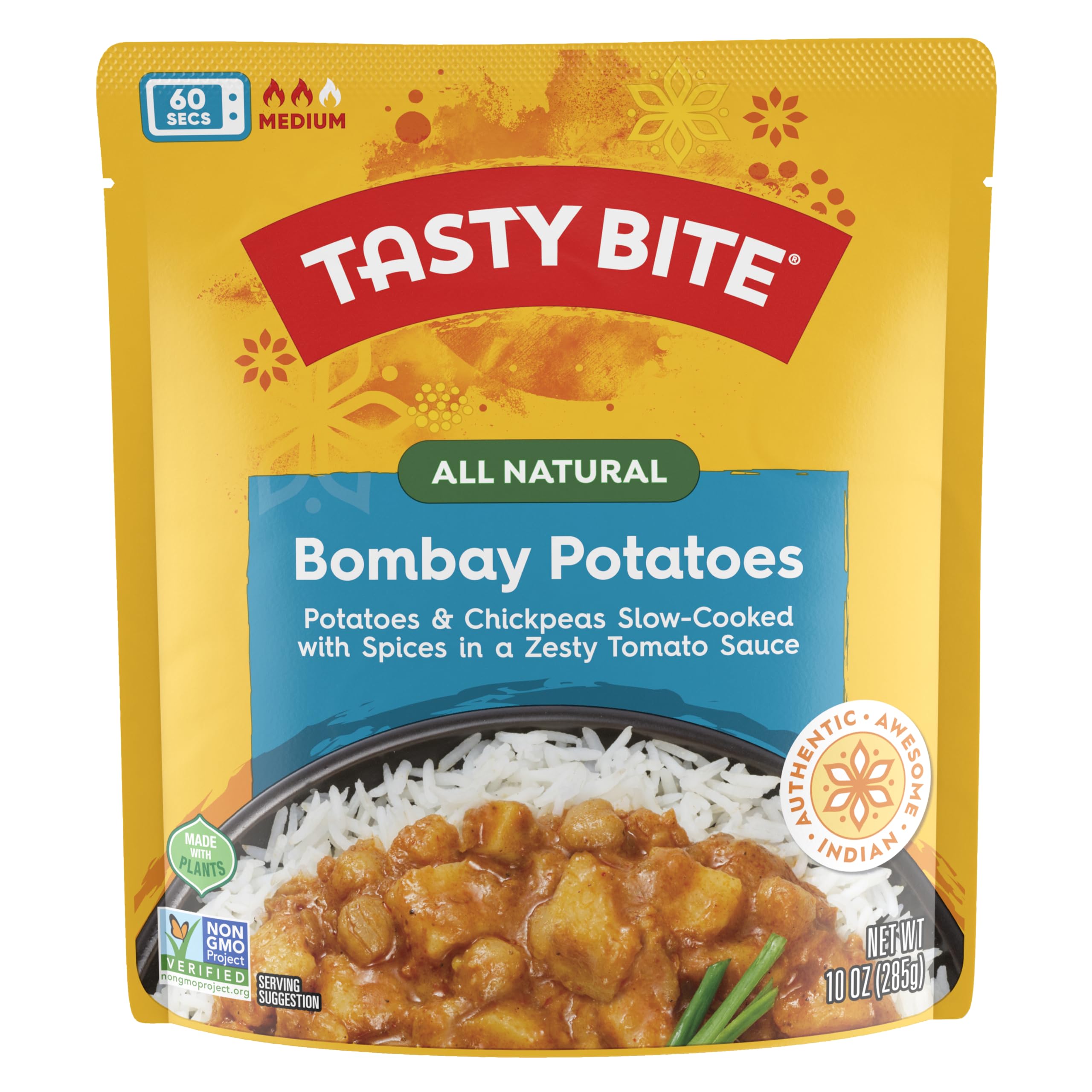 Tasty Bite Bombay Potatoes - 10oz Ready-to-Eat Vegan Indian Meal | Microwaveable & Gluten-Free | Perfect for Quick Lunches, Camping & Emergency Food Storage