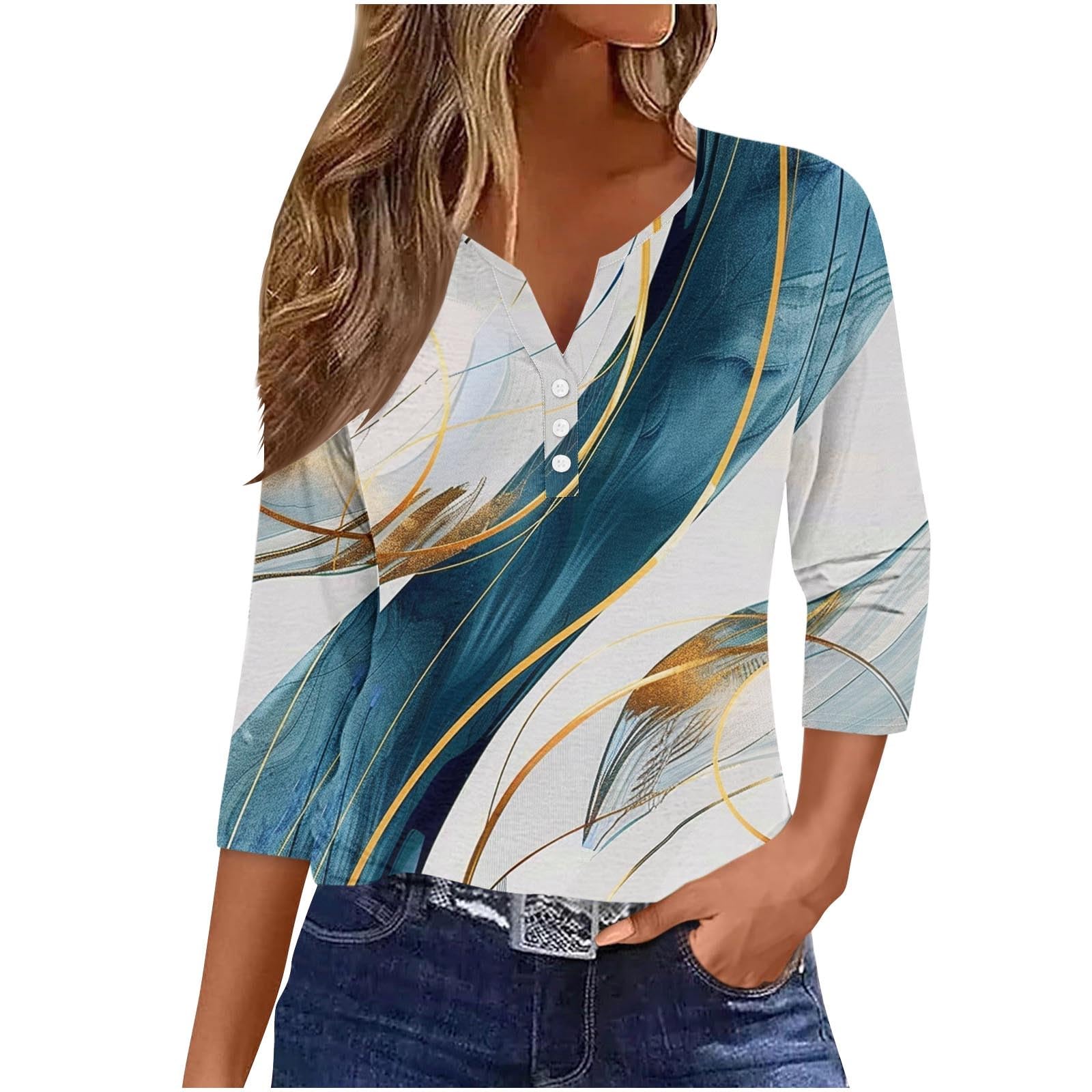 Women's 3/4 Sleeve V-Neck Button Down T-Shirts - Summer Casual Henley Blouses with Trendy Prints | Perfect for Office, Date Night & Weekend Outings