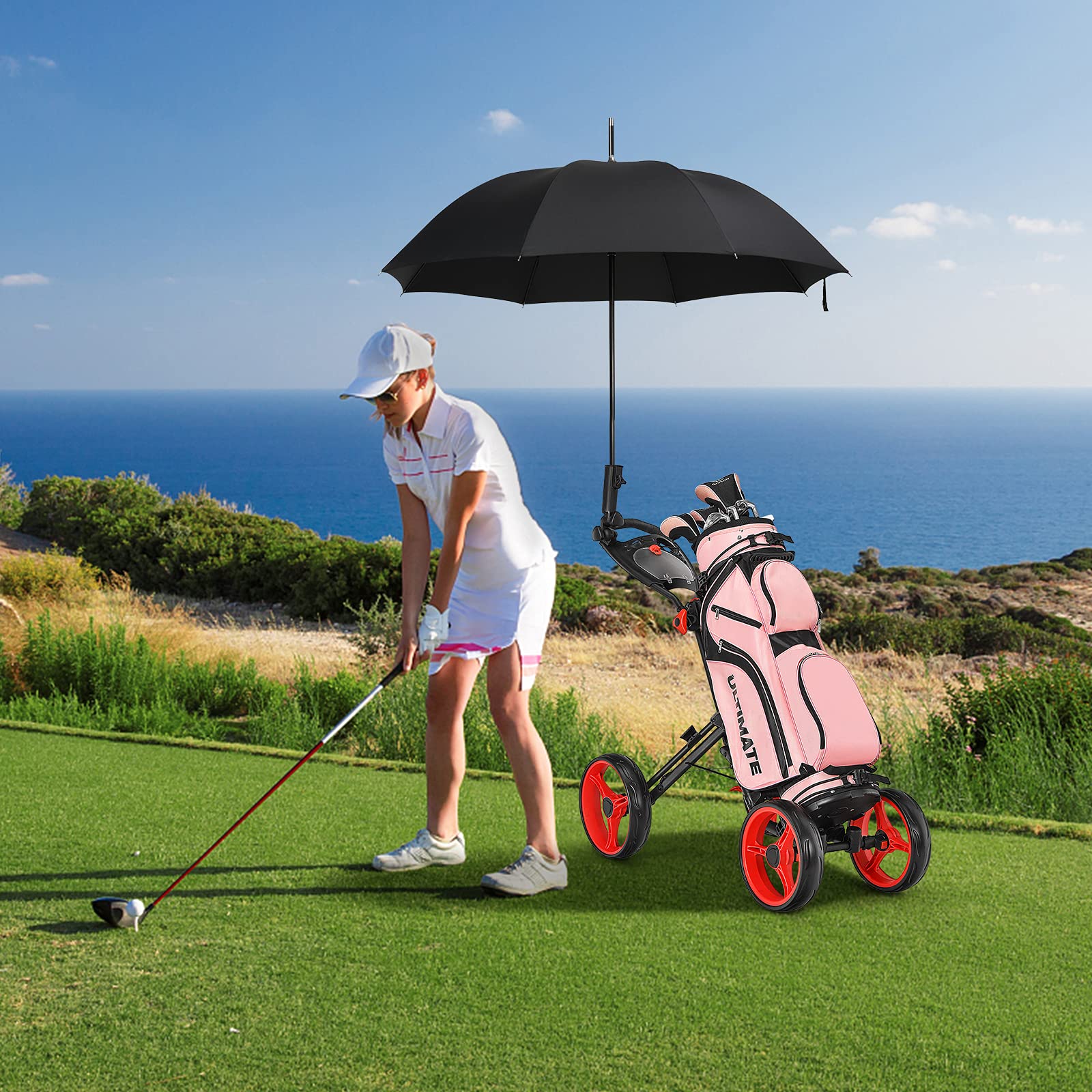 GYMAX 4 Wheel Folding Golf Push Cart - Adjustable Height Golf Trolley with Umbrella Holder, Cup Holder & Foot Brake | Lightweight Portable Golf Caddy for Adults & Teens | Perfect for Course, Driving Range & Practice Sessions