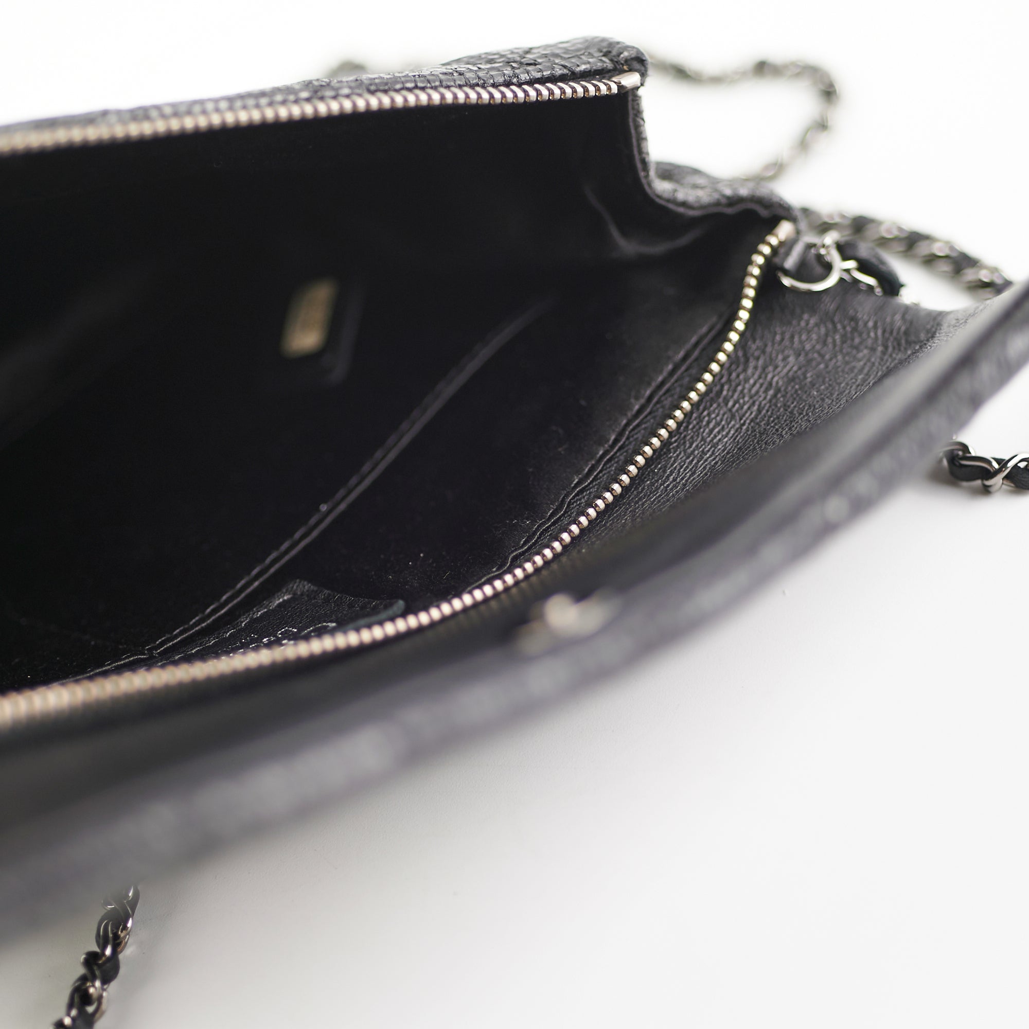 Chanel Black Glittered Calfskin Chain Crossbody Shoulder Bag Wallet - Luxury Evening Clutch for Parties & Date Nights