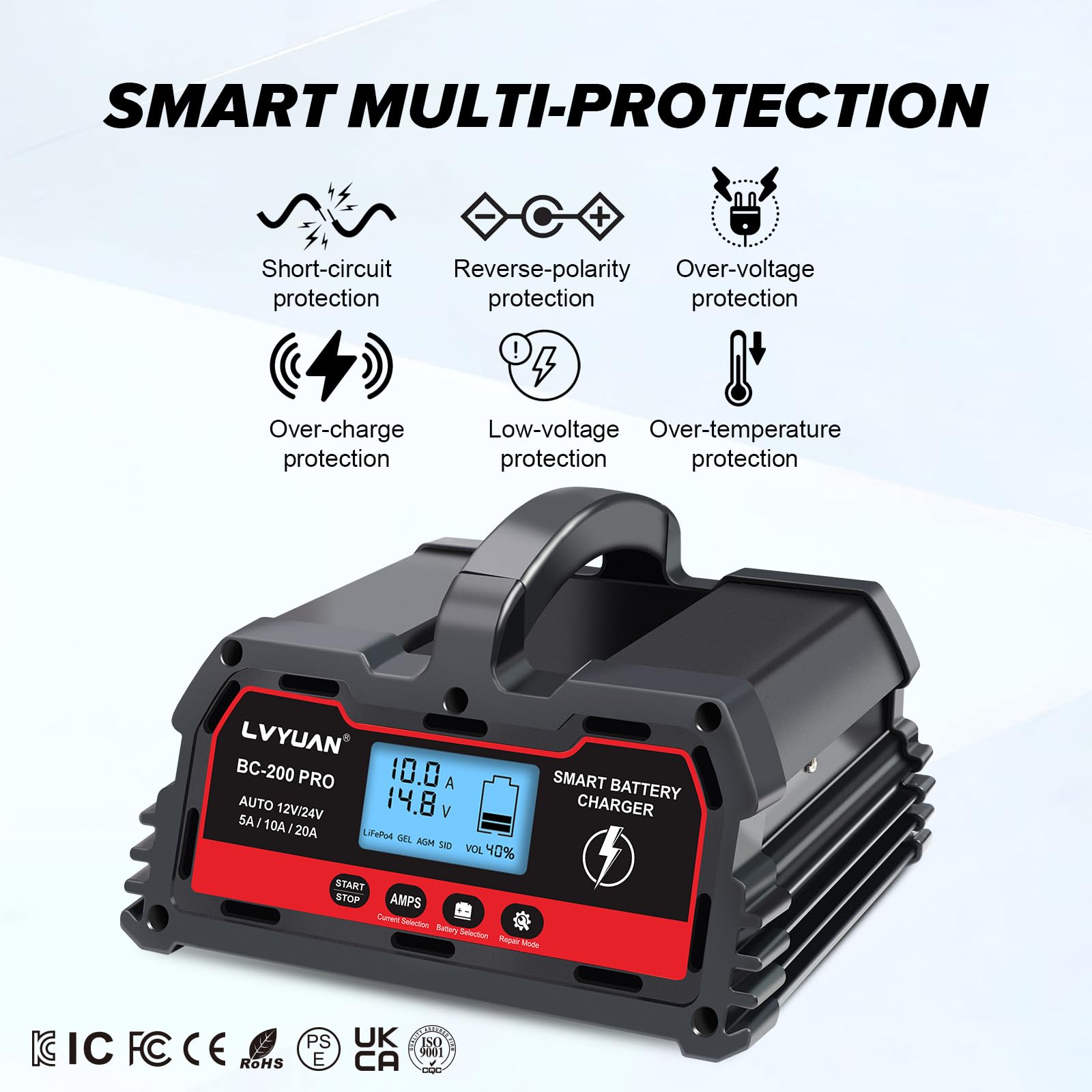 LVYUAN 12V/24V Smart Car Battery Charger & Maintainer - 10A/20A Automotive Charger for Cars, Trucks, Motorcycles - Works with LiFePO4 Lithium & Lead Acid Batteries - Perfect for Winter Storage, RV Maintenance & Emergency Vehicle Jump Starts