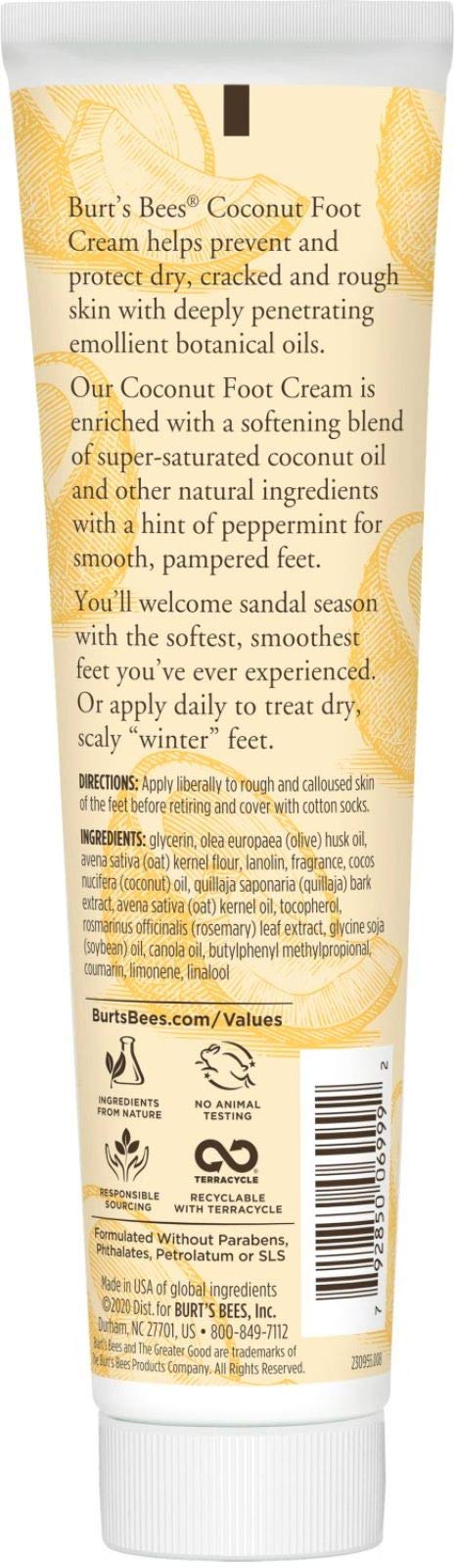 Burt's Bees Coconut Oil Foot Cream - Moisturizing & Healing for Dry Cracked Feet - 4.3 Oz - Perfect for Pedicures, Night Treatment & Winter Foot Care