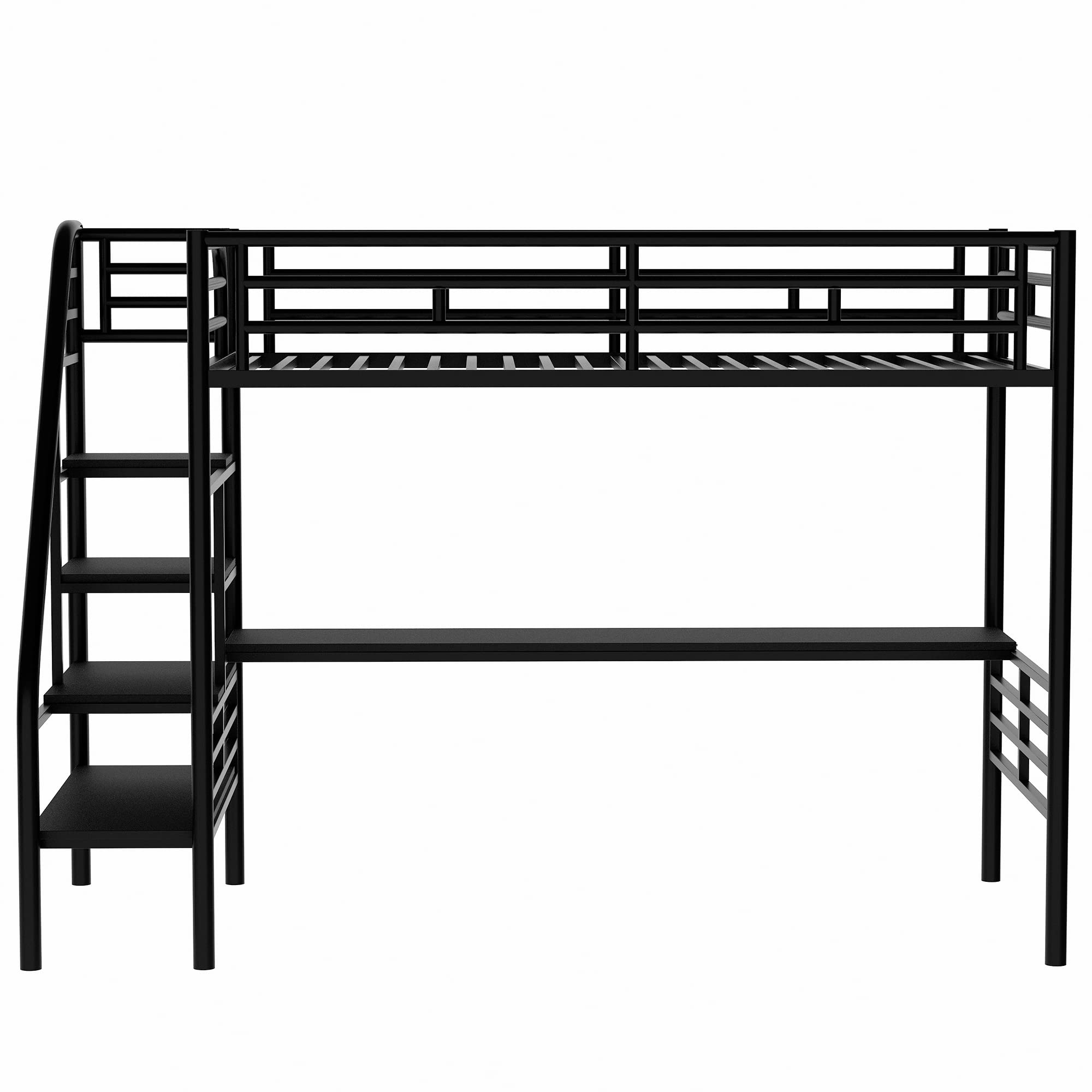 SOFTSEA Twin Size High Metal Loft Bed with Built-in Desk and Stairs - Space Saving Study Bed for Small Rooms, Dorm & Apartment - No Box Spring Needed - Sturdy Steel Frame for Teens & Adults