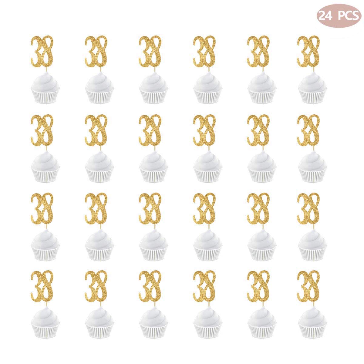 Gold Happy 38th Birthday Cupcake Toppers - 24-Pack Glitter Number 38 Cake Decorations for Anniversary Parties, Milestone Celebrations & Special Occasions