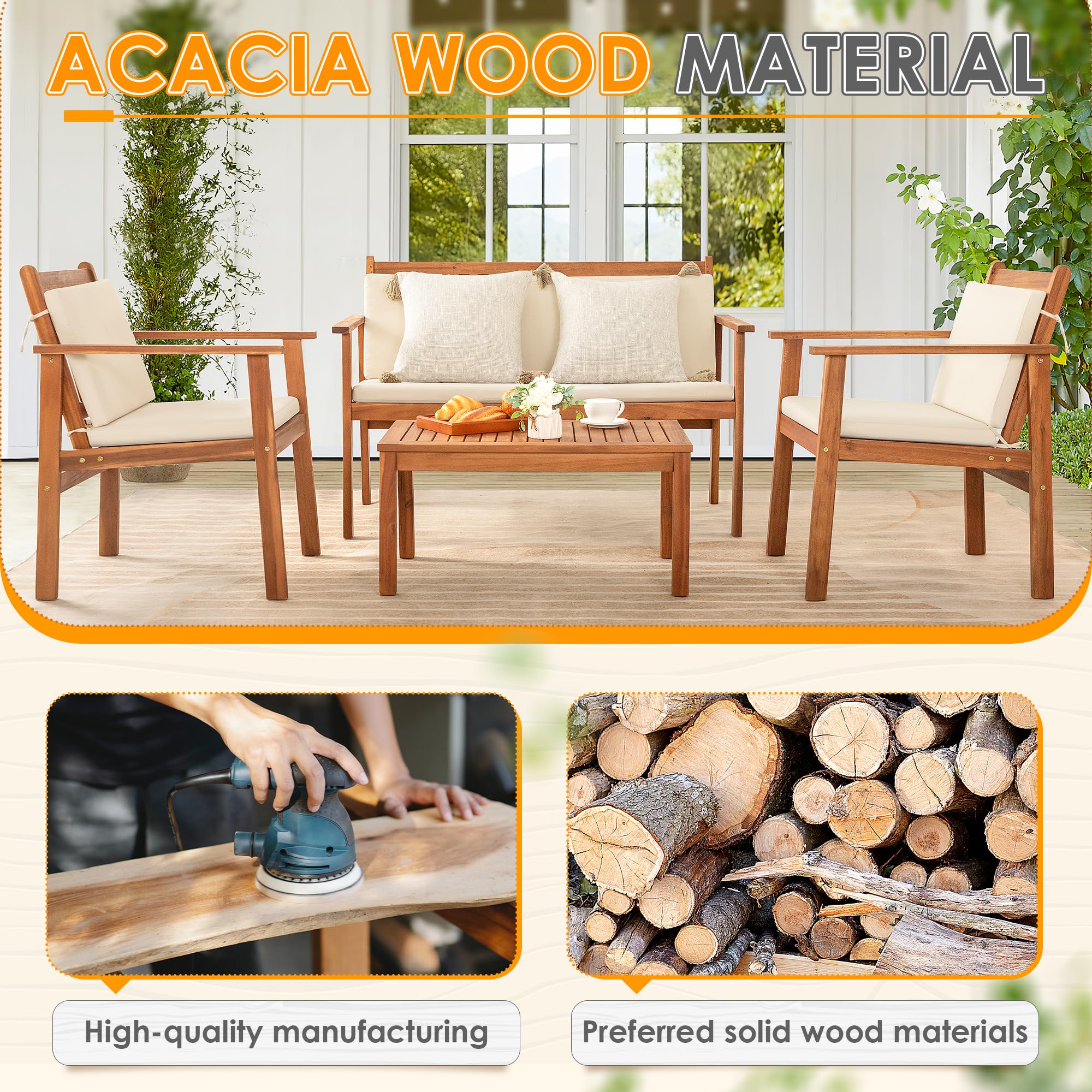 Greesum 4-Piece Acacia Wood Outdoor Bistro Set with Waterproof Cushions - Patio Furniture, Coffee Table & Chairs for Backyard, Garden, Beach & Poolside Relaxation