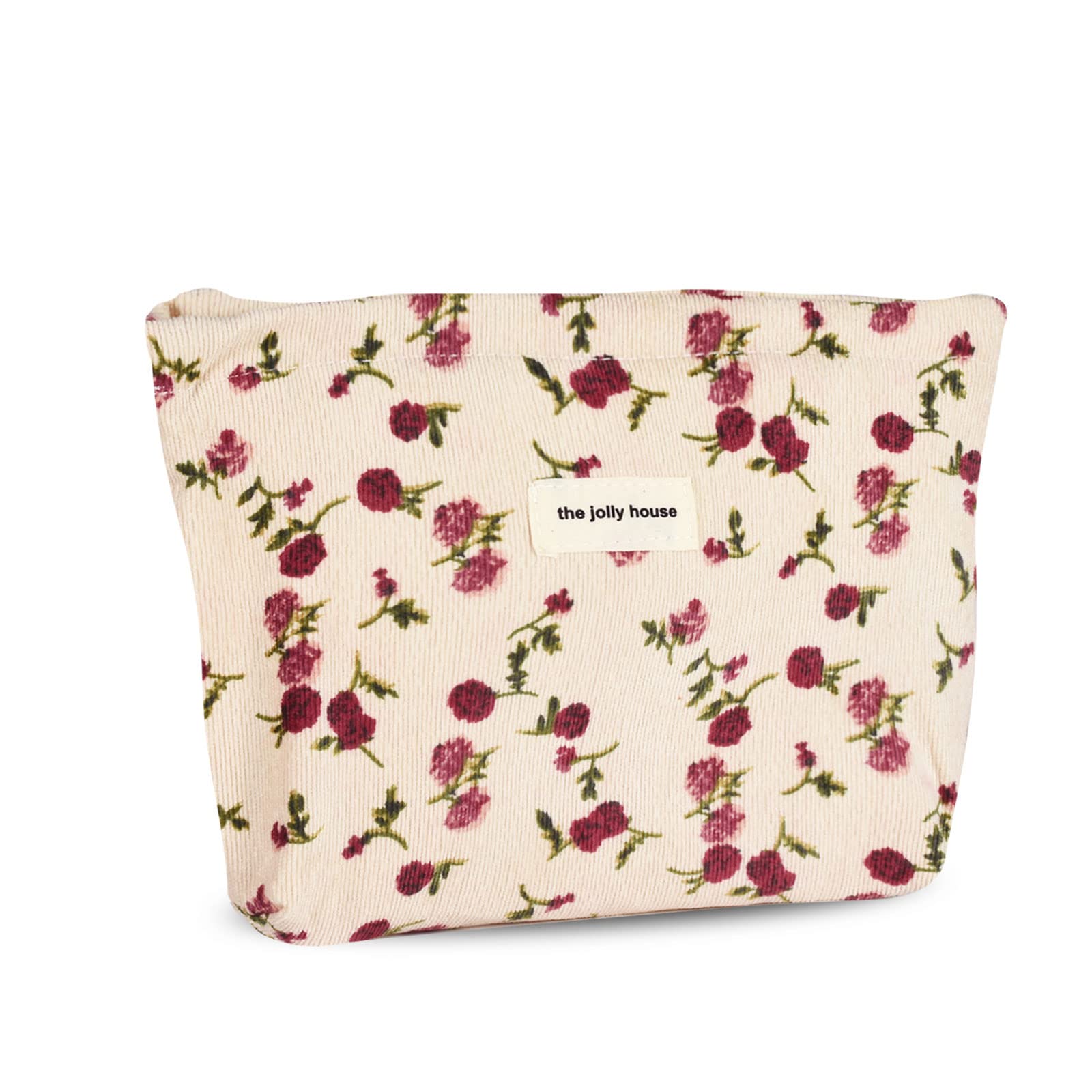 Fycyko Rose Flower Printed Canvas Cosmetic Bag - Corduroy Toiletry Organizer with Zipper, Small Makeup Pouch for Women & Girls (Beige) | Perfect for Travel, Beauty Storage, School Supplies & Gift Giving