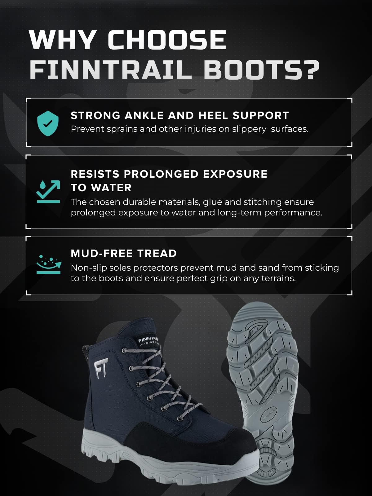 FINNTRAIL Durable Wading Boots for Men & Women - Lightweight Rubber Sole Fishing & Hunting Boots for Stockingfoot Waders - Perfect for Fly Fishing, ATV Riding & Outdoor Adventures