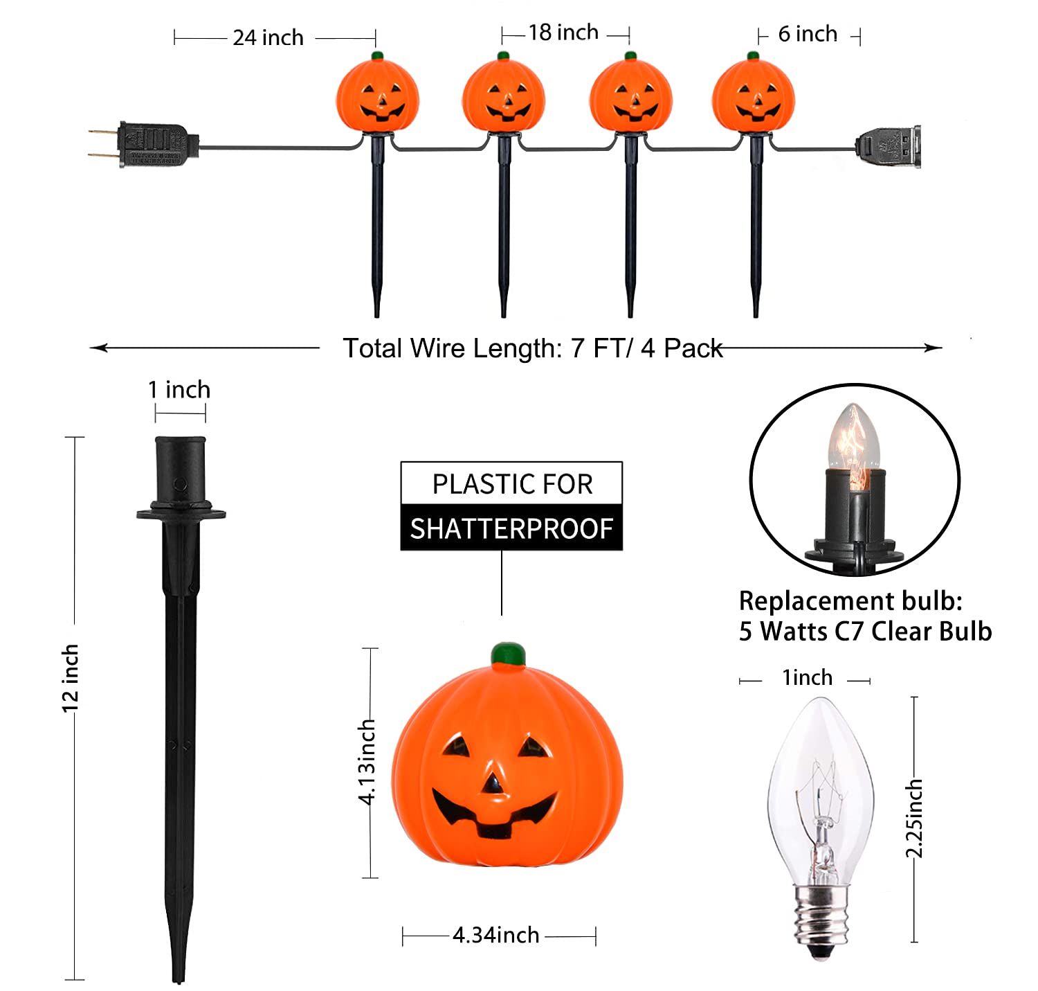 7Ft Connectable C7 Halloween Pumpkin Pathway Lights - Outdoor String Lights with 4 Pumpkin Stakes for Garden, Walkway, Yard, Driveway & Lawn Decor | Perfect for Halloween Party, Trick-or-Treating & Spooky Outdoor Lighting