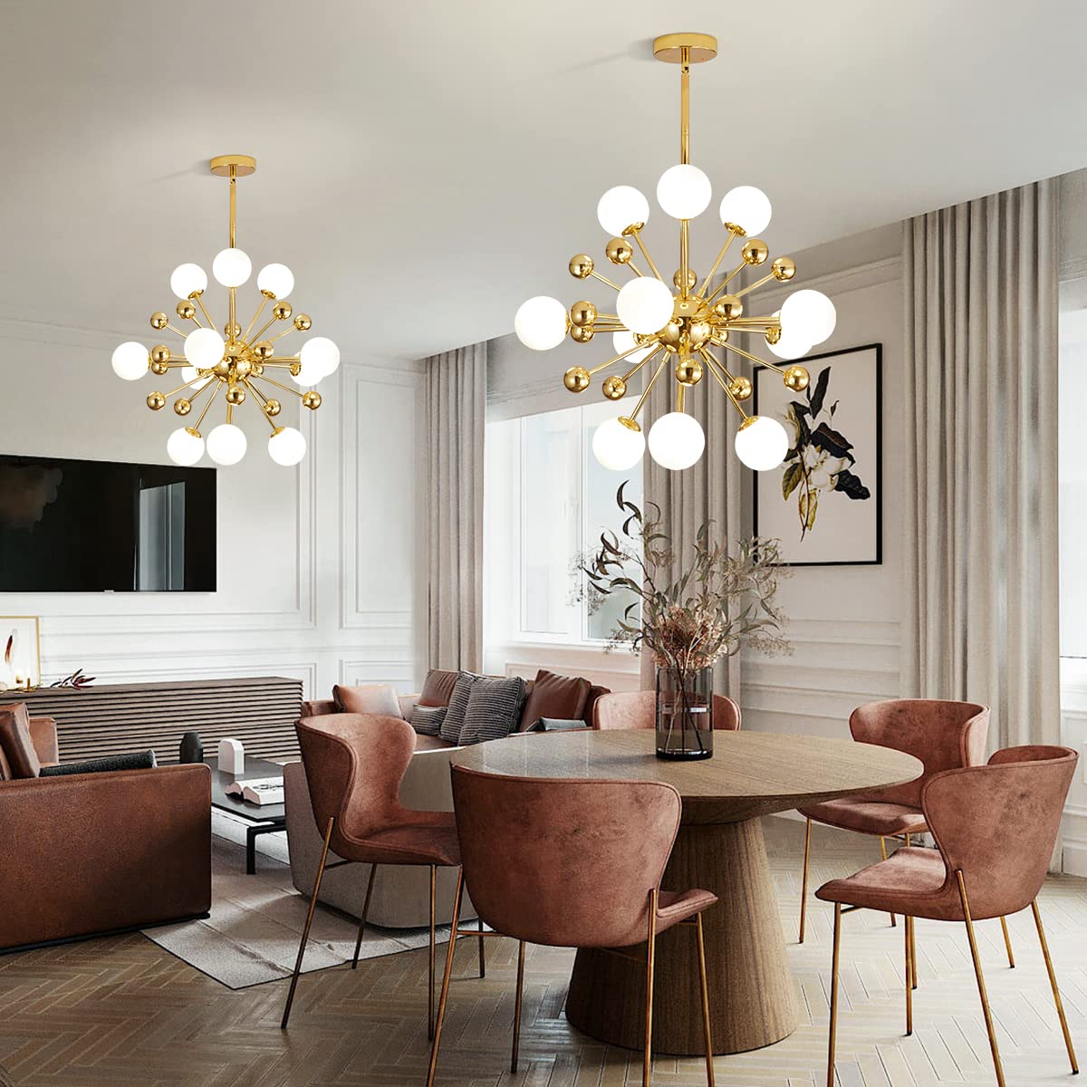 Modern 11-Lights Globe Sputnik Chandelier - Mid Century Gold & White Starburst Chandelier Lighting Fixture with Glass Balls - Perfect for Kitchen Island, Dining Room, or Living Room Pendant Lighting (11-Lights)