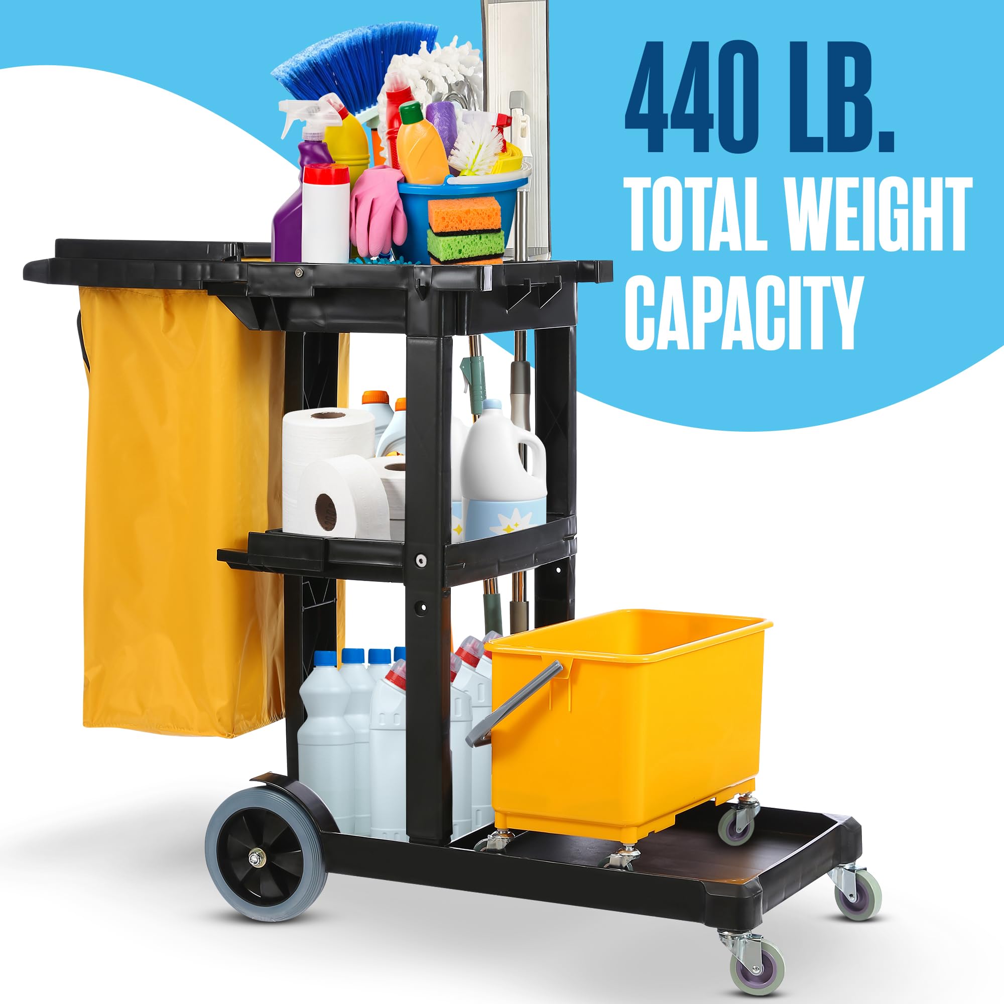 **Heavy-Duty Commercial Cleaning Cart with Wheels - 440 LB Capacity for Janitorial, Housekeeping & Maintenance Supplies - Ideal for Hotels, Schools & Offices**