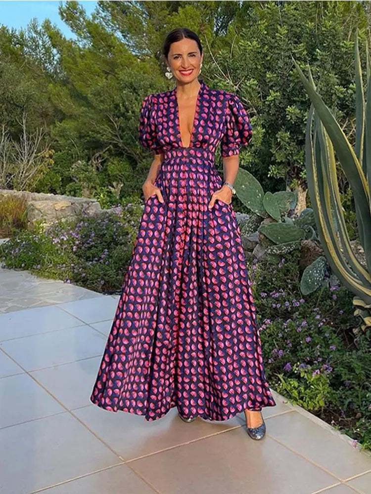 Elegant Women's Deep V-Neck Printed Pocket Long Dress - Short Sleeve A-Line Summer Evening Party Gown for Cocktail, Wedding Guest & Formal Occasions