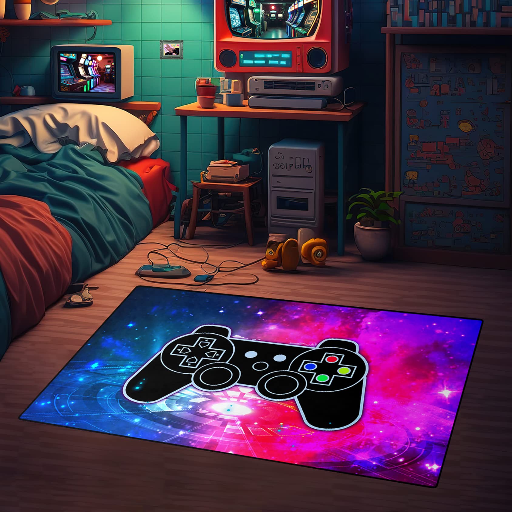 Premium Gamepad Printed Area Rug - 4'x5' Soft Polyester Floor Mat for Living Room, Bedroom & Game Room - Gamer Gift for Boys, Blue & Hot Pink Design - Perfect for Gaming Setup, Home Decor & Comfort