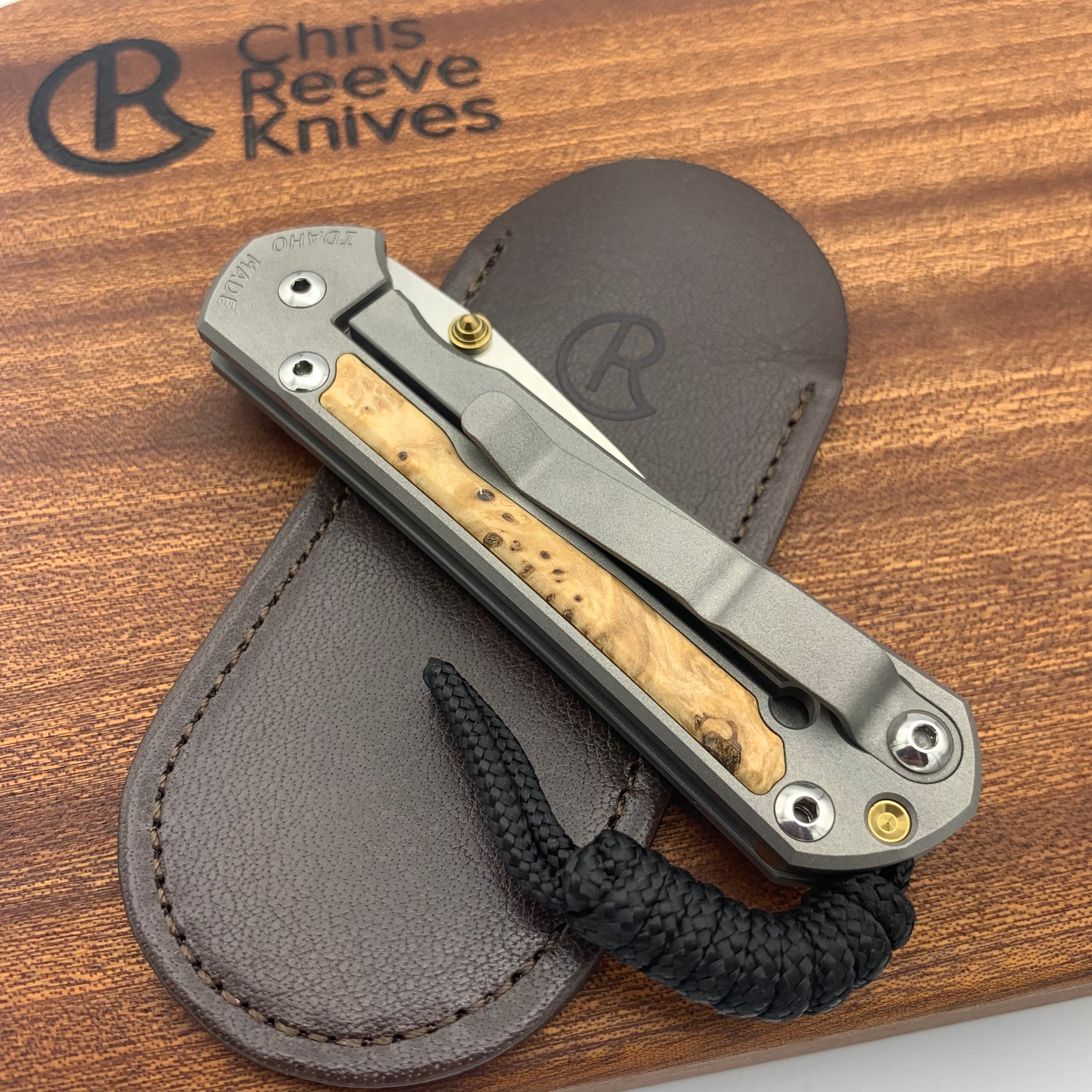 Chris Reeve Knives Small Sebenza 31 Drop Point Folding Knife - Box Elder Wood Inlay, Double Gold Lugs & Matte Handles - Perfect for EDC, Camping, Hunting and Outdoor Adventures