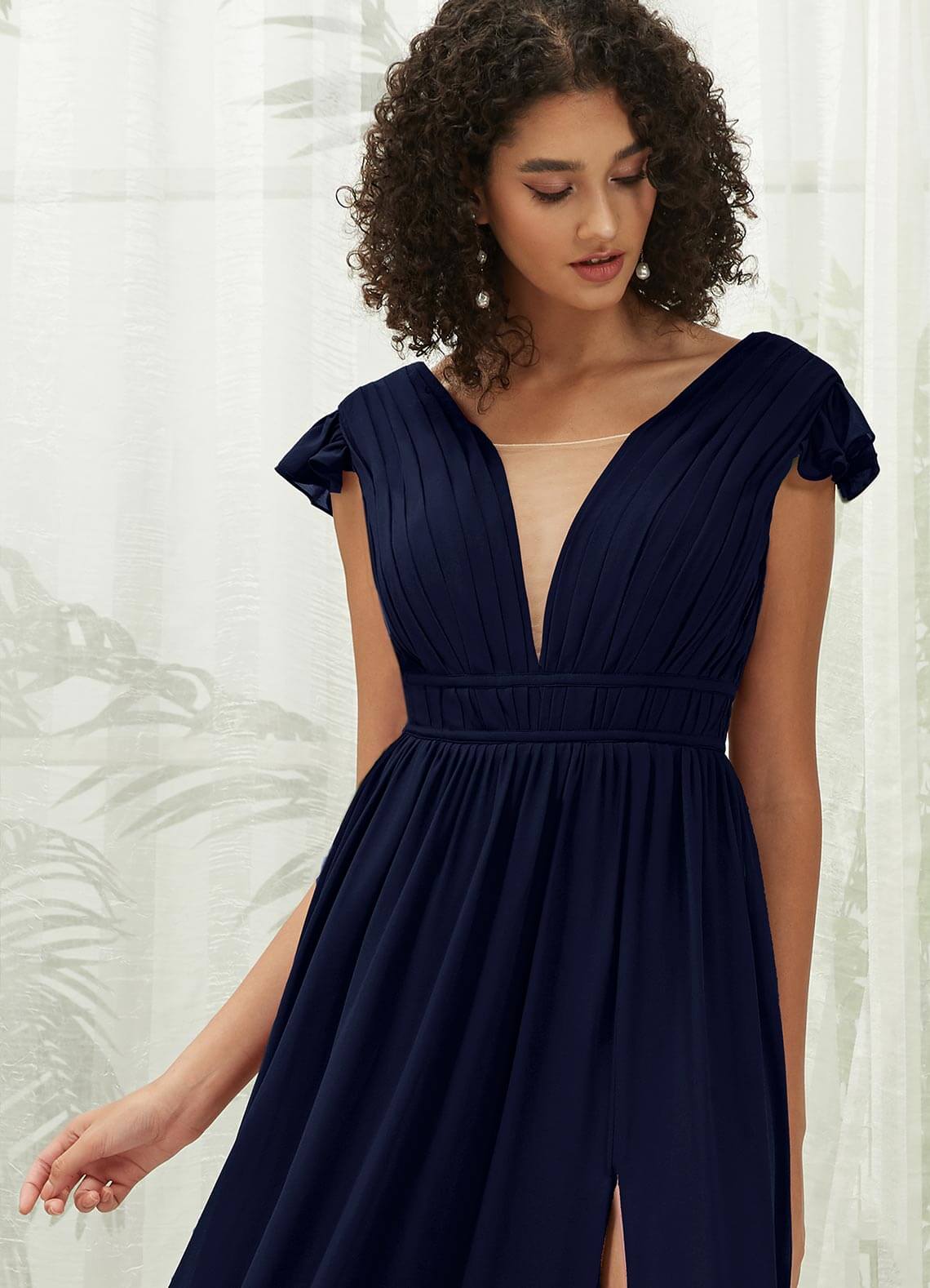 Elegant Dark Navy Chiffon Bridesmaid Dress with Cap Sleeves & Pleated V-Neck - Perfect for Weddings, Formal Events & Evening Parties