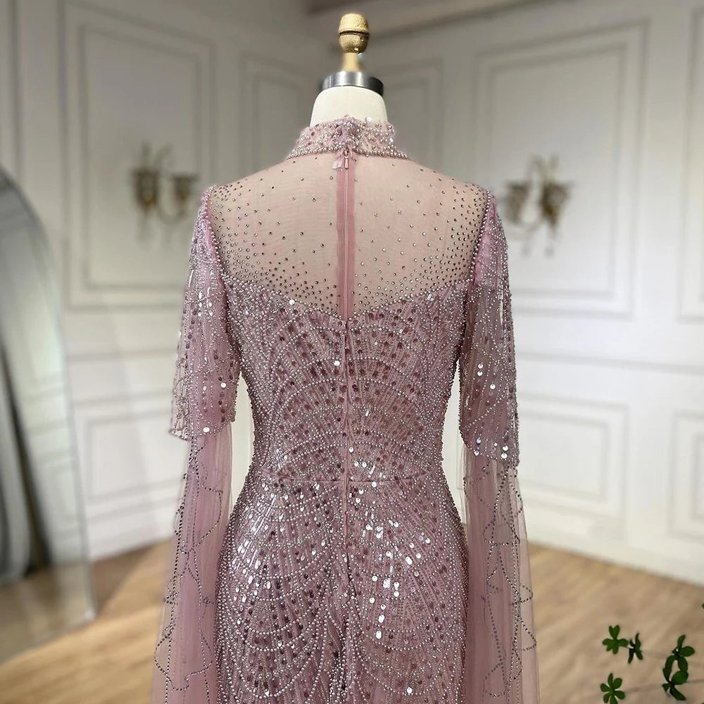 Luxury Dubai Pink Cape Sleeves Mermaid Beaded Arabic Evening Dress for Women - Elegant Long Gown for Wedding, Party & Special Occasions - Serene Hill LA71992A