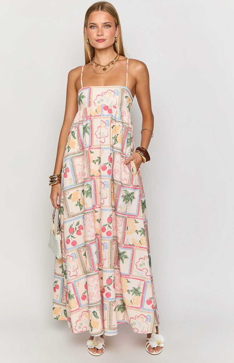 Stylish Akari White Maxi Dress with Tomato Girl Print - Perfect for Summer Beach, Vacation & Boho Fashion