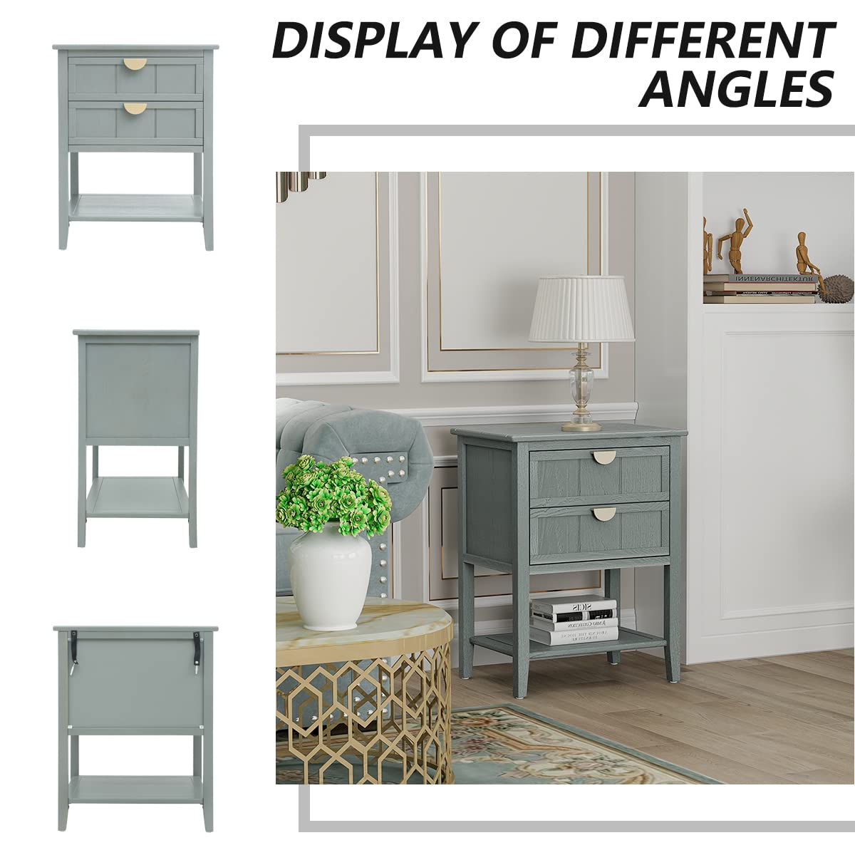 Mid Century Modern Nightstand with 2 Drawers & Shelf Storage - Wood Accent End Table with Metal Handles for Bedroom & Living Room - Olive Green - Perfect for Small Spaces & Apartment Decor