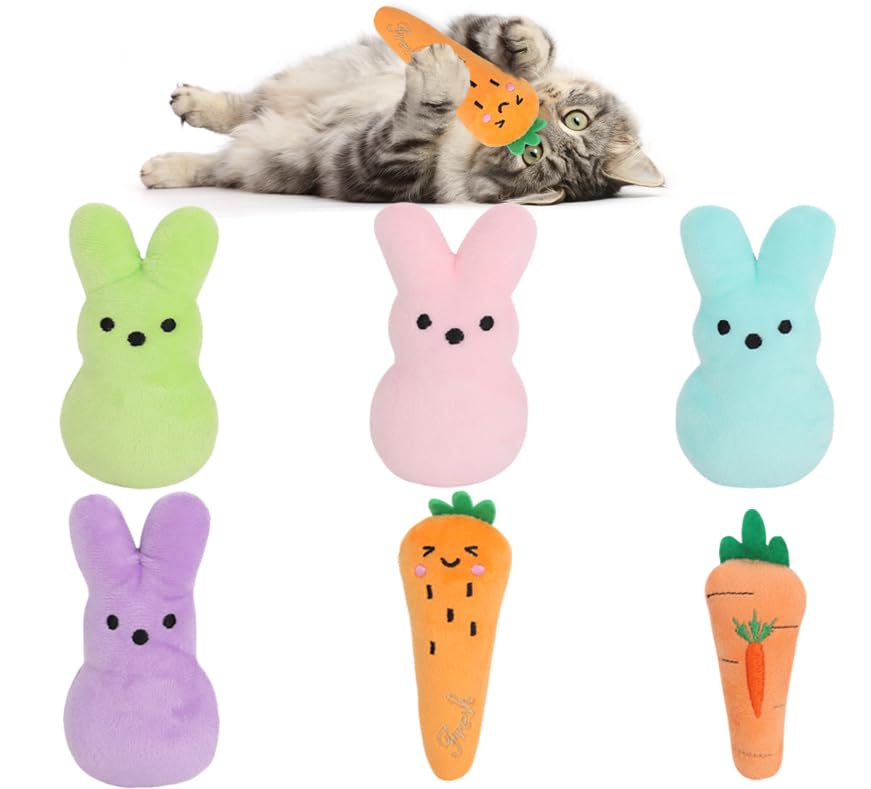 FOIMAS 6pcs Bunny Carrot Catnip Toys - Plush Chew Toys for Kittens, Easter Cat Gifts, Stress Relief for Cats - Perfect for Playtime, Teething & Holiday Presents