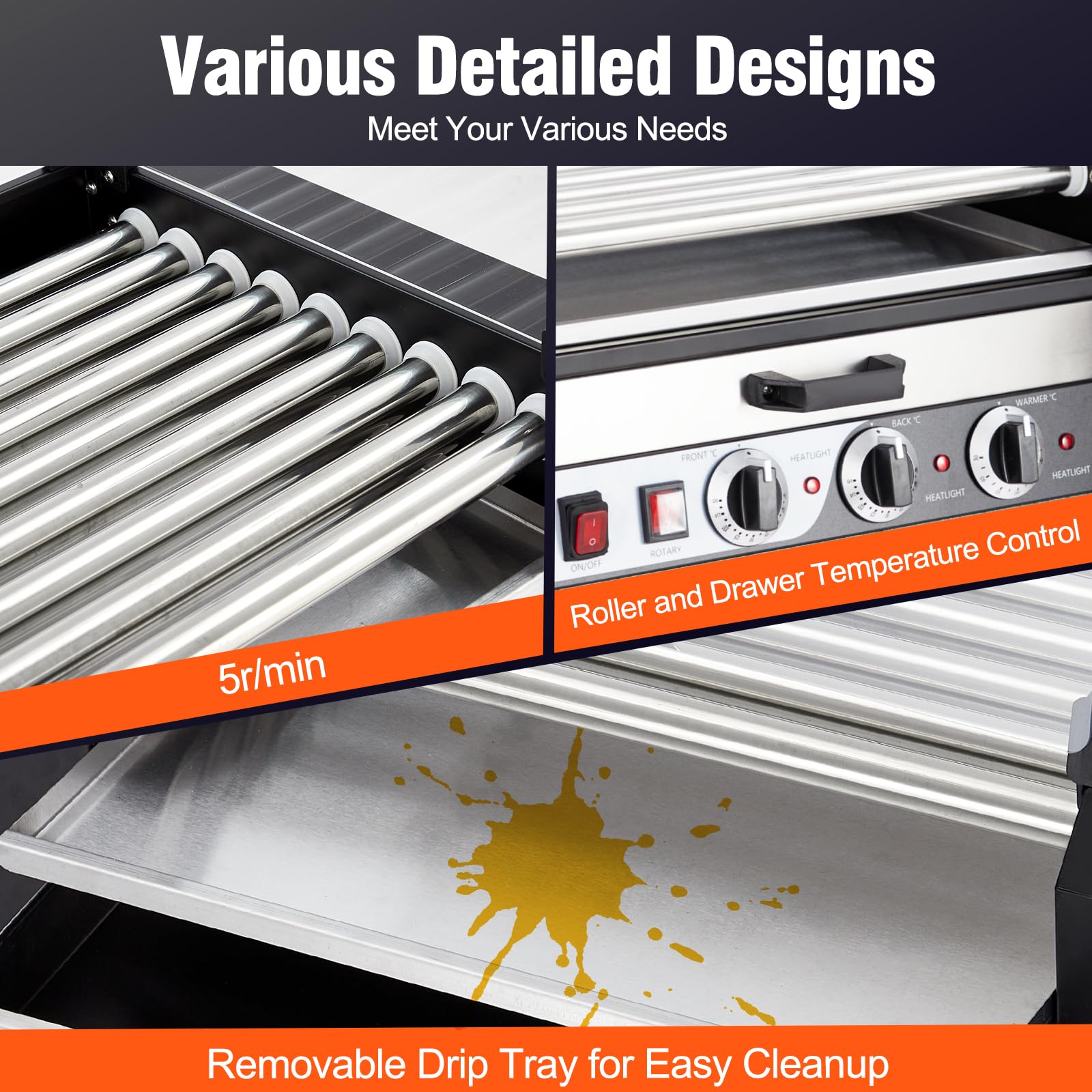 GARVEE 1650W Commercial Hot Dog Roller Machine - 9 Stainless Steel Rollers, 24 Hot Dog Capacity, Dual Temperature Control for Restaurants, Food Trucks, and Events