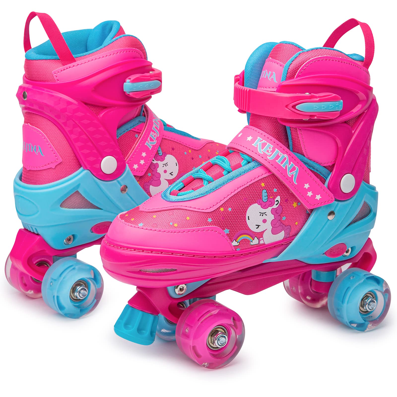 KEJINA Adjustable Light Up Roller Skates for Girls & Kids - High-Top Quad Skates with LED Wheels for Little Kids, Big Kids & Youth - Perfect for Indoor & Outdoor Skating, Birthday Gifts & Roller Rinks