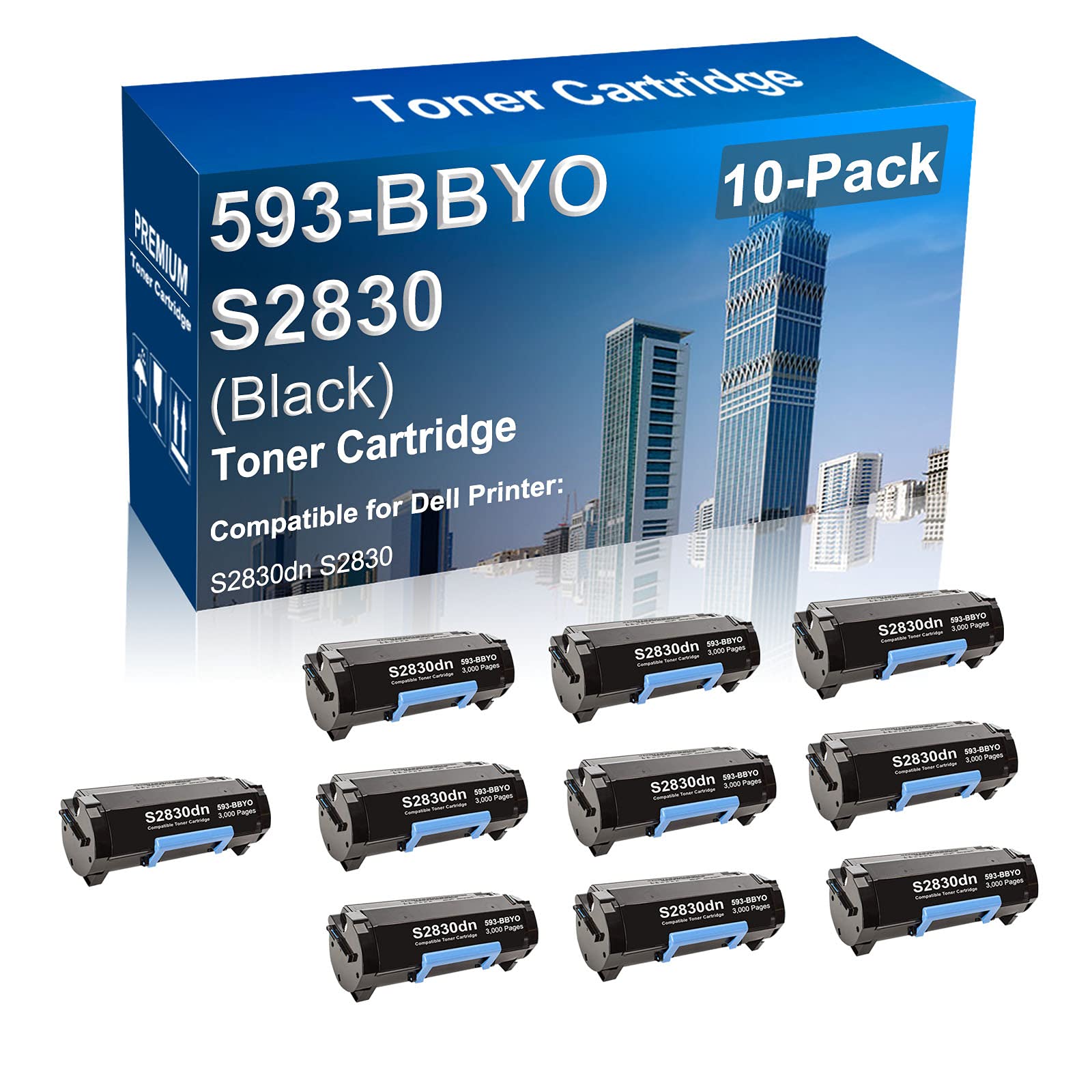 10-Pack Black High-Yield Dell S2830dn/S2830 Compatible Toner Cartridge Replacement for 593-BBYO FR3HY TC2RH - Perfect for Office Printing & Bulk Document Production