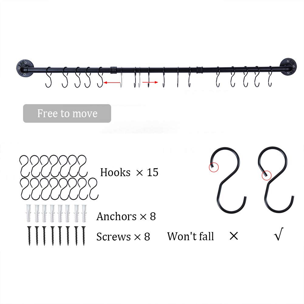 50.4 Inch Wall Mounted Pot Rack with 15 S Hooks - Industrial Kitchen Pot and Pan Hanging Rail Organizer, Black - Perfect for Small Kitchens, RV Cooking & Space-Saving Storage