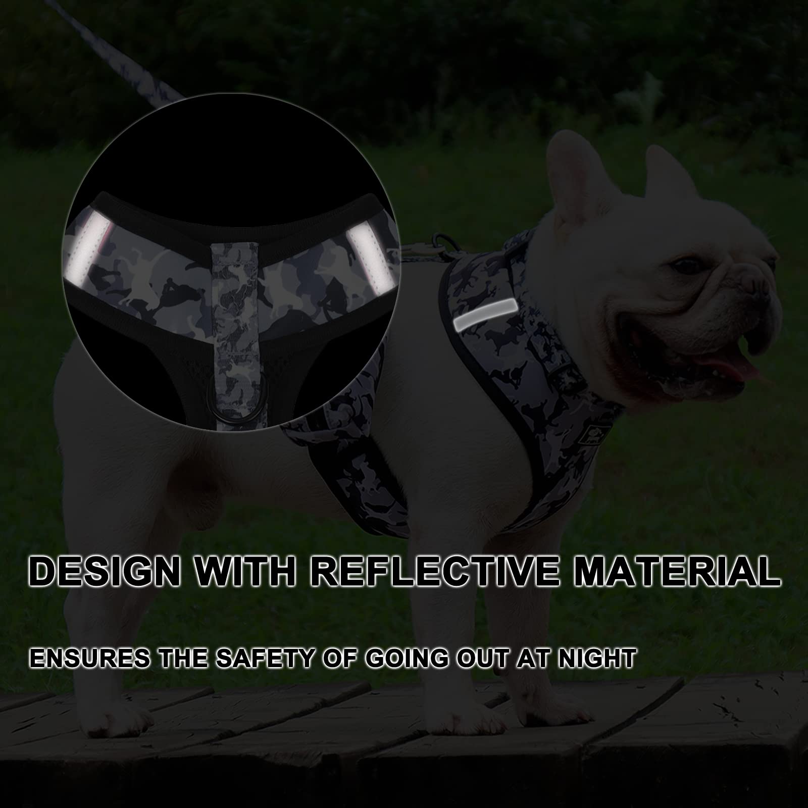 Adjustable Reflective No-Pull Dog Harness & Leash Set for Small Dogs & Puppies - Includes Bow-Tie Collar, Poop Bags (Size S, Grey Camouflage) | Perfect for Night Walks, Training & Outdoor Adventures