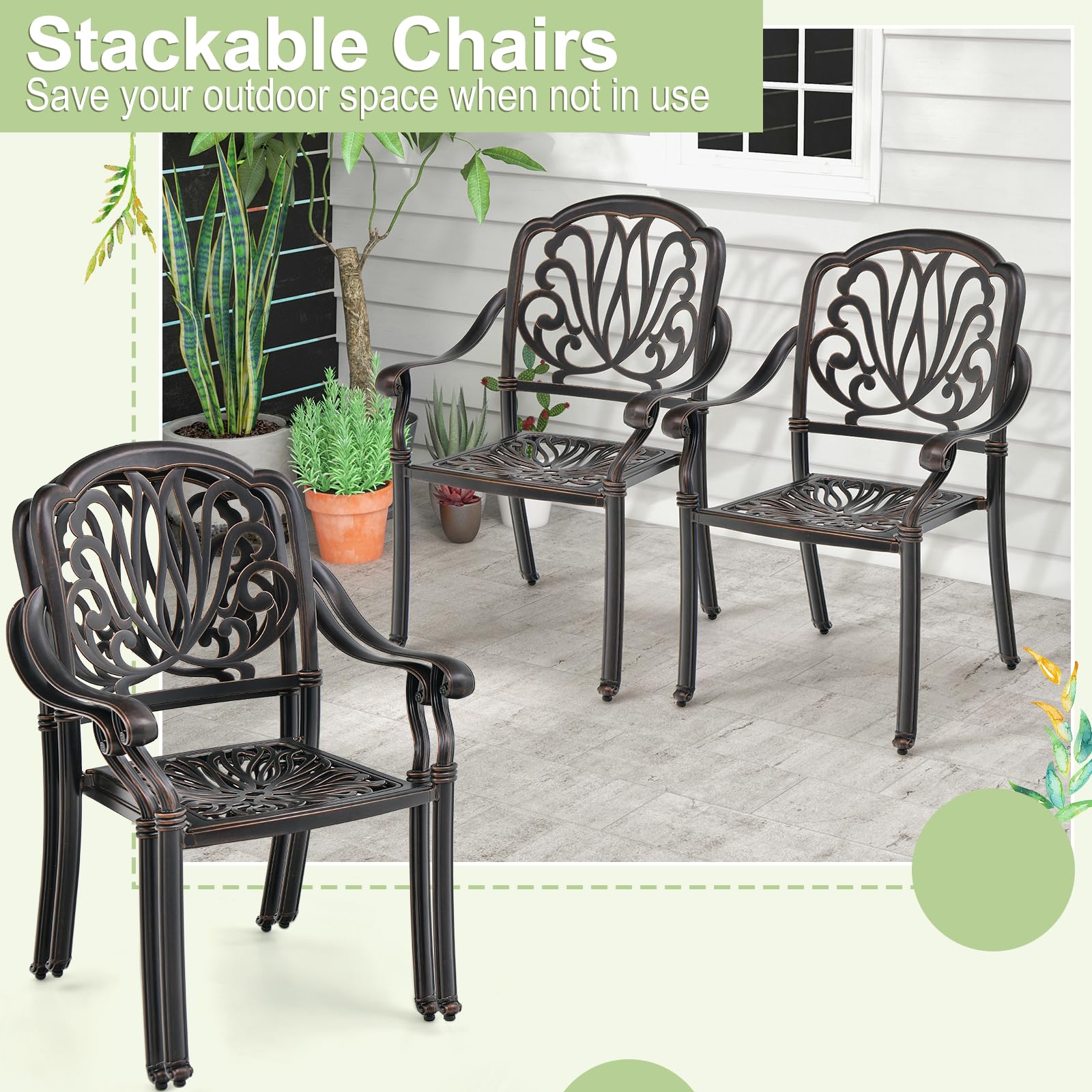 Tangkula Set of 2 Stackable Cast Aluminum Patio Dining Chairs with Armrests - Bronze Outdoor Bistro Chairs for Balcony, Backyard, Garden - Perfect for Outdoor Dining, Lounging & Entertaining