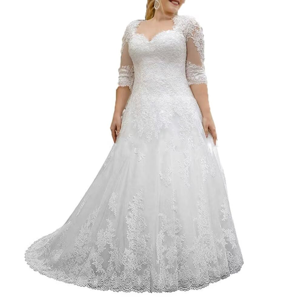 Elegant Plus Size Lace Wedding Dress with 3/4 Sleeves for Bride | Romantic A-Line Bridal Gown for Church Ceremony & Beach Weddings