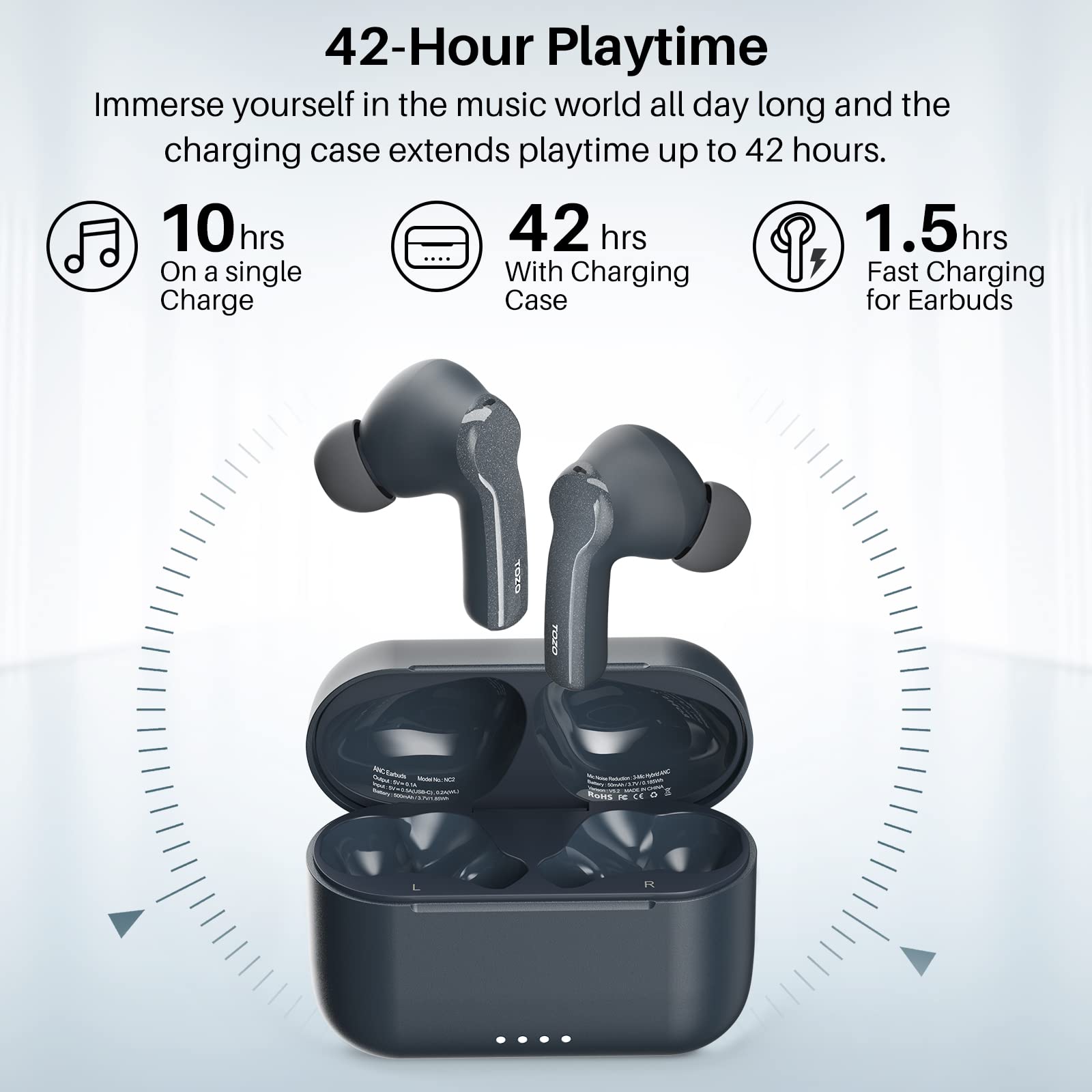 TOZO NC2 Hybrid Active Noise Cancelling Wireless Earbuds with Bluetooth 5.2, IPX6 Waterproof, In-Ear Detection & Deep Bass - Perfect for Workouts, Commuting & Travel
