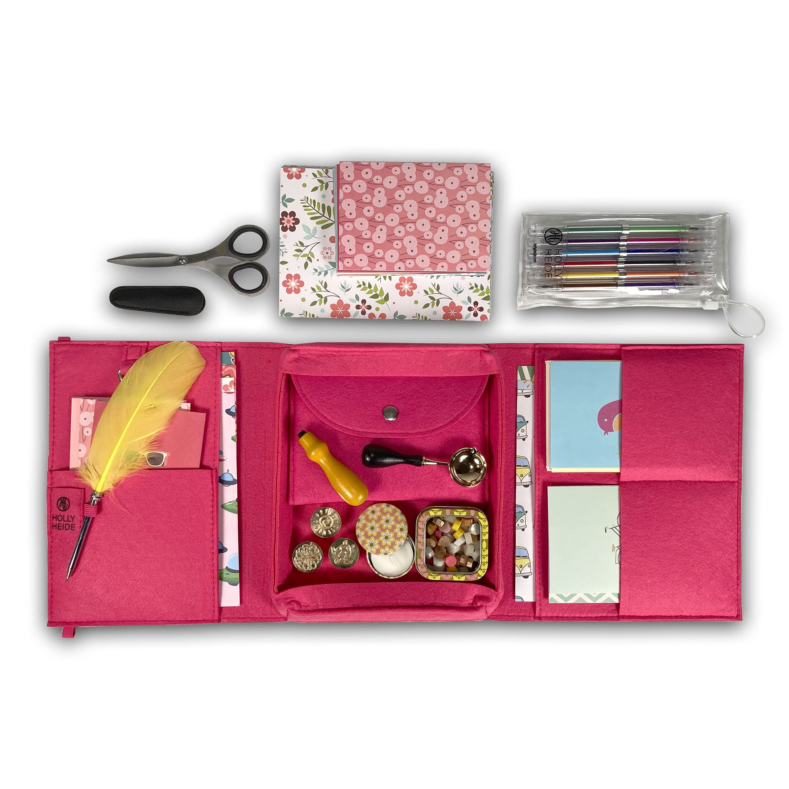 Holly Heide Wax Seal Pen Pal Pack (Hot Pink) - Custom Felt Organizer & Complete Wax Seal Kit with Colorful Beads, Vintage Scissors, Gel Pens & Stationery for Letter Writing, DIY Crafts, Wedding Invitations & Gift Wrapping