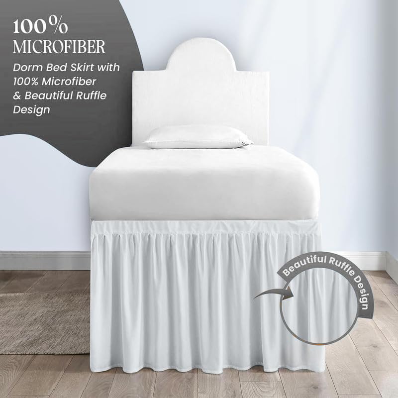 Twin XL Dorm Bed Skirt - 100% Soft Microfiber College Bedding with Ruffled Design (32 Inch, White) - Perfect for Dorm Rooms, Guest Beds & College Dorm Essentials