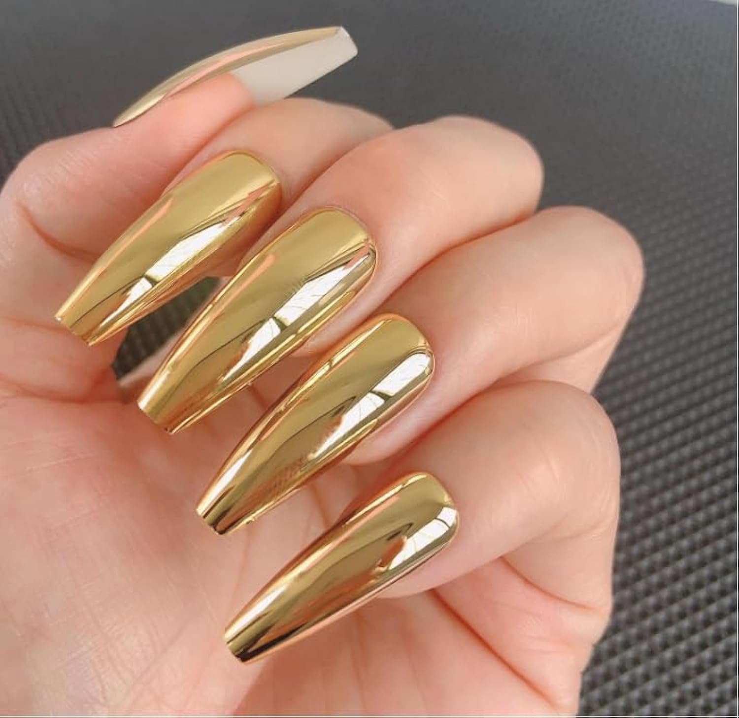 24pcs Extra Long Gold Yellow Chrome Reflective Press On Nails - Metal Coffin Fake Nails with Mirror Finish for Punk Rock Style, Full Cover Acrylic Nails for Halloween, Cosplay, and Gothic Fashion