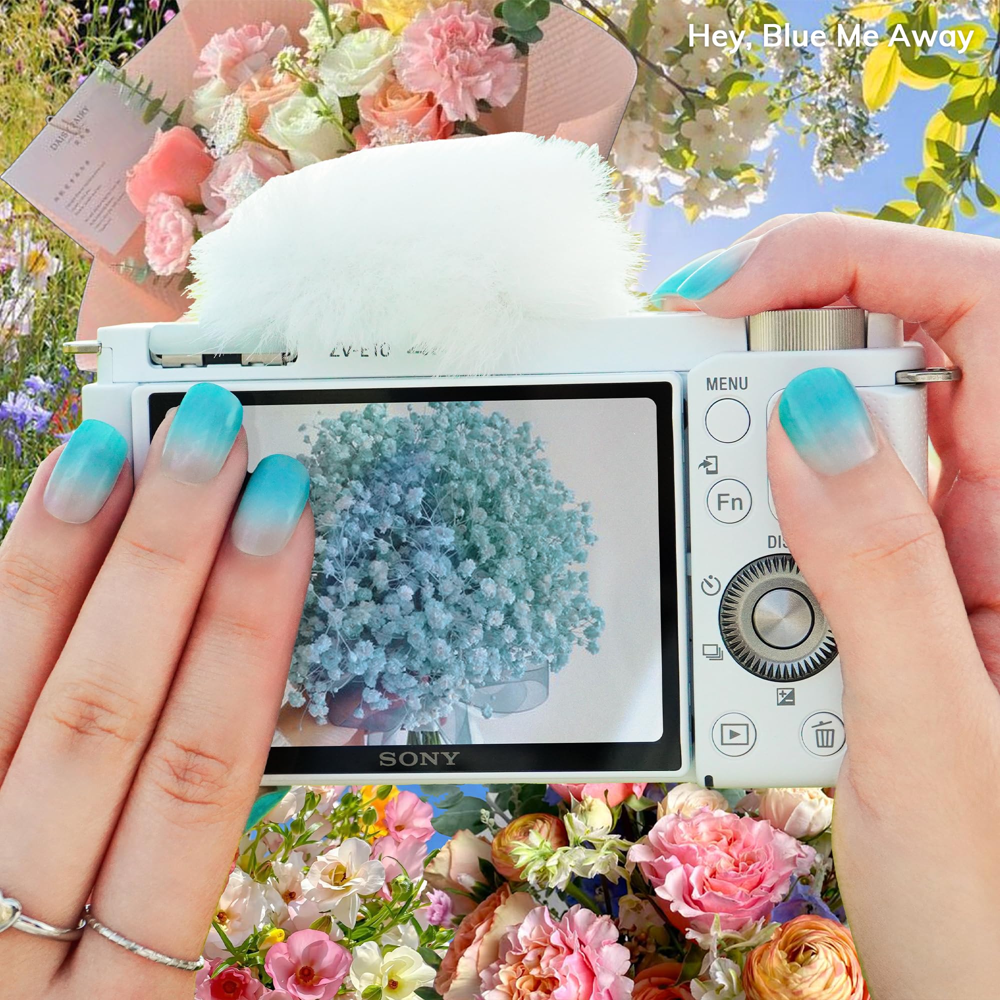 Premium Semi-Cured Gel Nail Strips Kit - Spring Nail Art Designs, No LED Lamp Needed, Easy to Apply & Remove, Includes 28 Strips, Prep Pad, Nail File & Wooden Stick - Hey, Blue Me Away - Perfect for Home Manicures, Parties & Gifts
