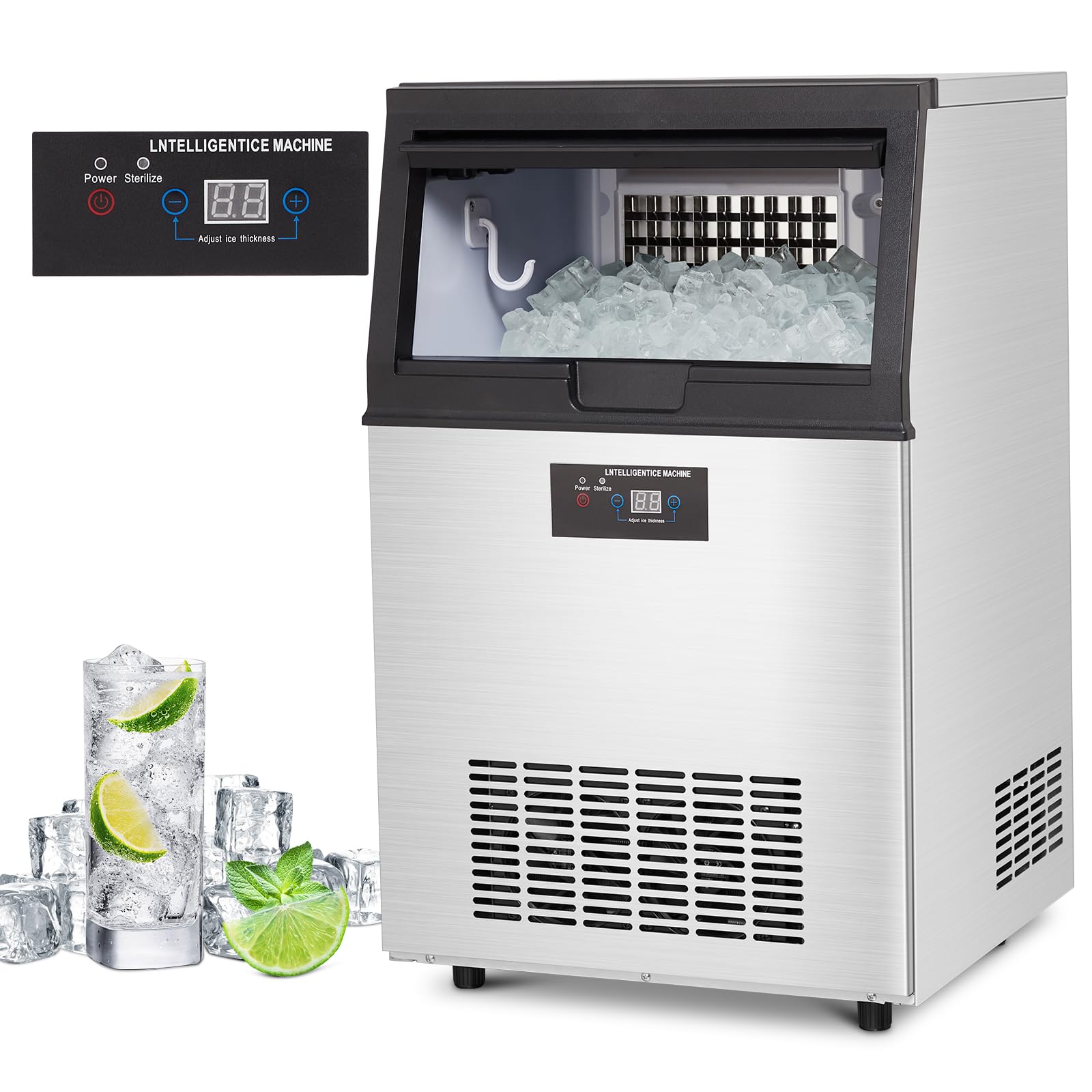 Commercial Ice Maker Machine 90lbs/24H, Stainless Steel Under Counter Ice Machine with 30lbs Storage - Freestanding Ice Maker (4x8 Ice Cubes) for Restaurants, Bars, Cafes & Home Use