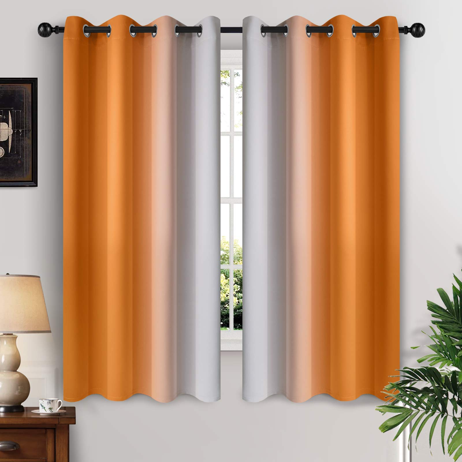 Yakamok Blackout Ombre Curtains with Grommet - Thermal Insulated Polyester Gradient Drapes for Living Room & Bedroom (Orange/Grey, 52x63 Inch, 2 Panels) - Perfect for Light Control, Privacy & Stylish Home Decor