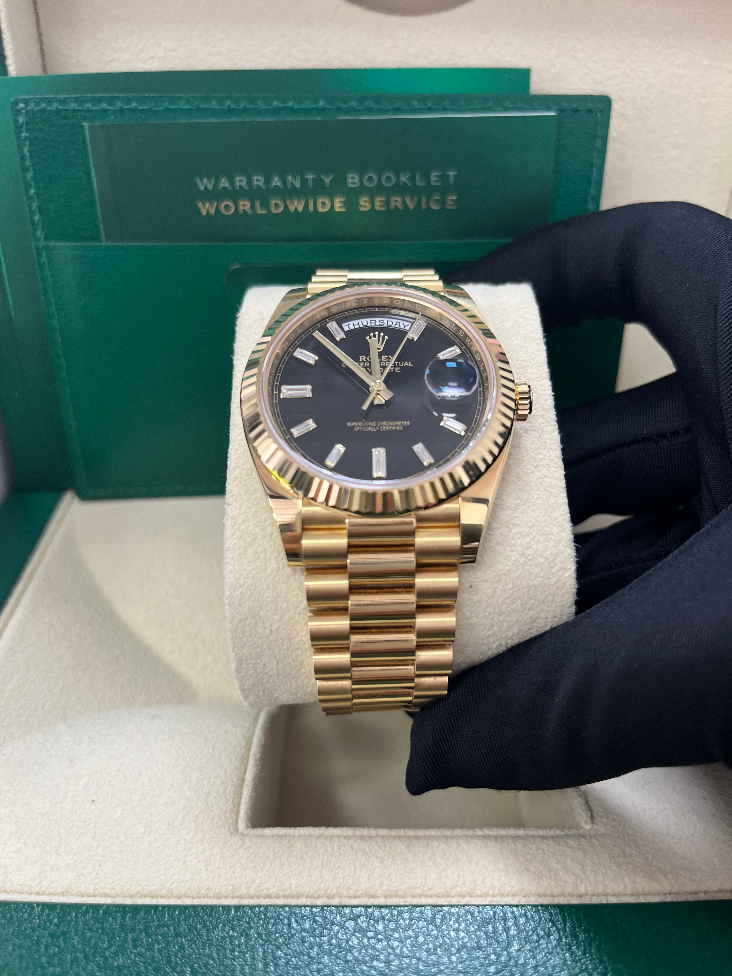 Rolex Day Date 40 18k Yellow Gold Watch with Baguette Diamond Dial & Fluted Bezel (Ref# 228238) - Luxury Timepiece for Business Meetings, Formal Events & Special Occasions