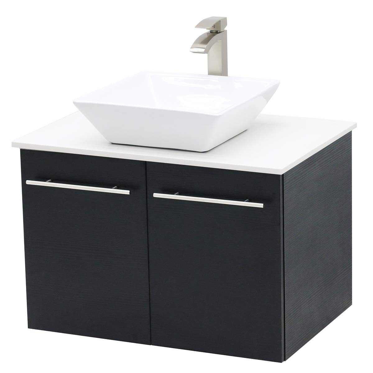 Wall Mount Floating Bathroom Vanity Sink Set - 24 Inch Modern Black Vanity with White Flat Stone Countertop & Ceramic Sink | Space-Saving Design for Small Bathrooms, Powder Rooms & Contemporary Homes