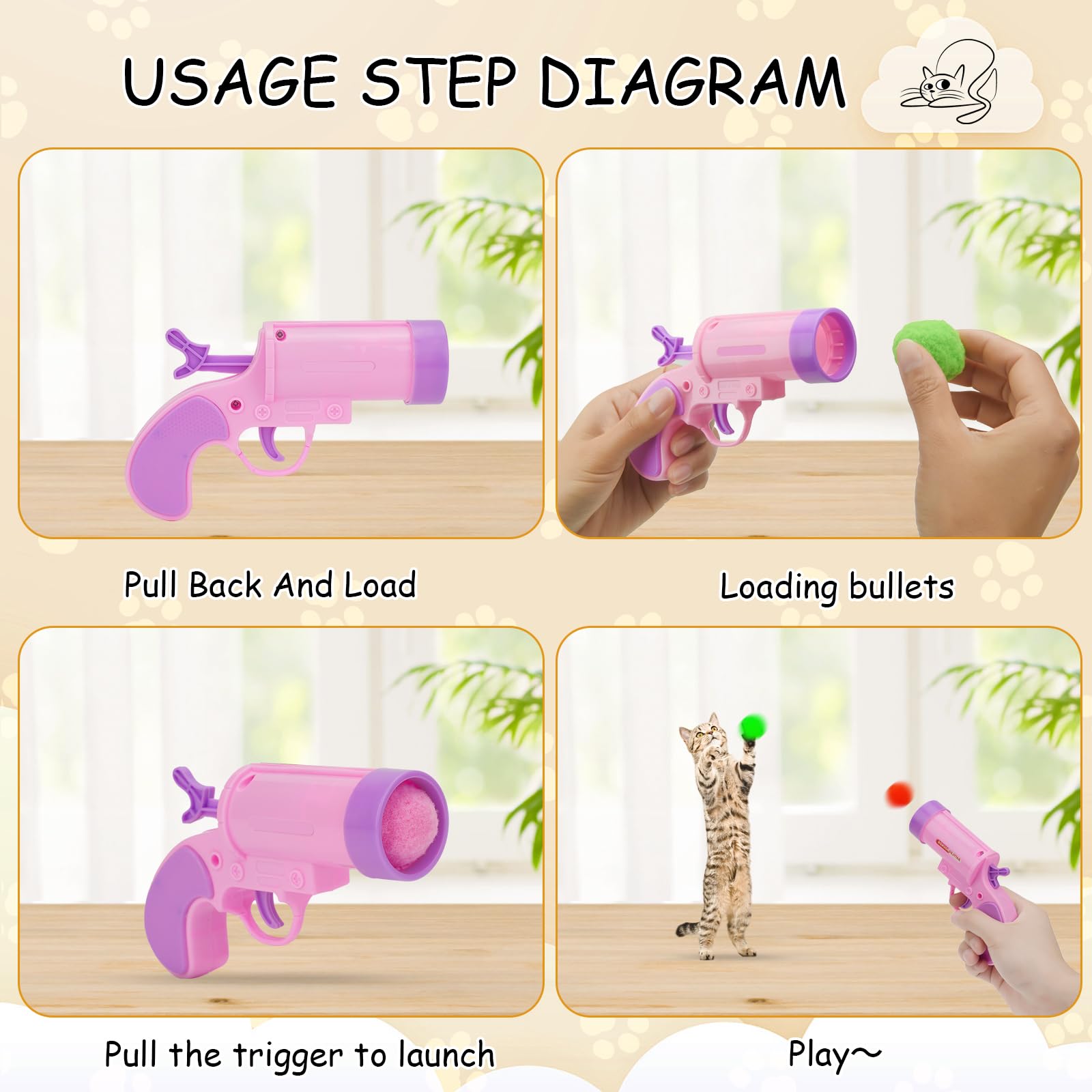 Cat Ball Launcher Toy - 50Pcs Plush Fuzzy Balls with Automatic Fetch Launcher Gun for Indoor Cats | Interactive Kitten Play Toy for Exercise & Boredom Relief | Perfect for Playtime, Training & Bonding with Your Adult Cat