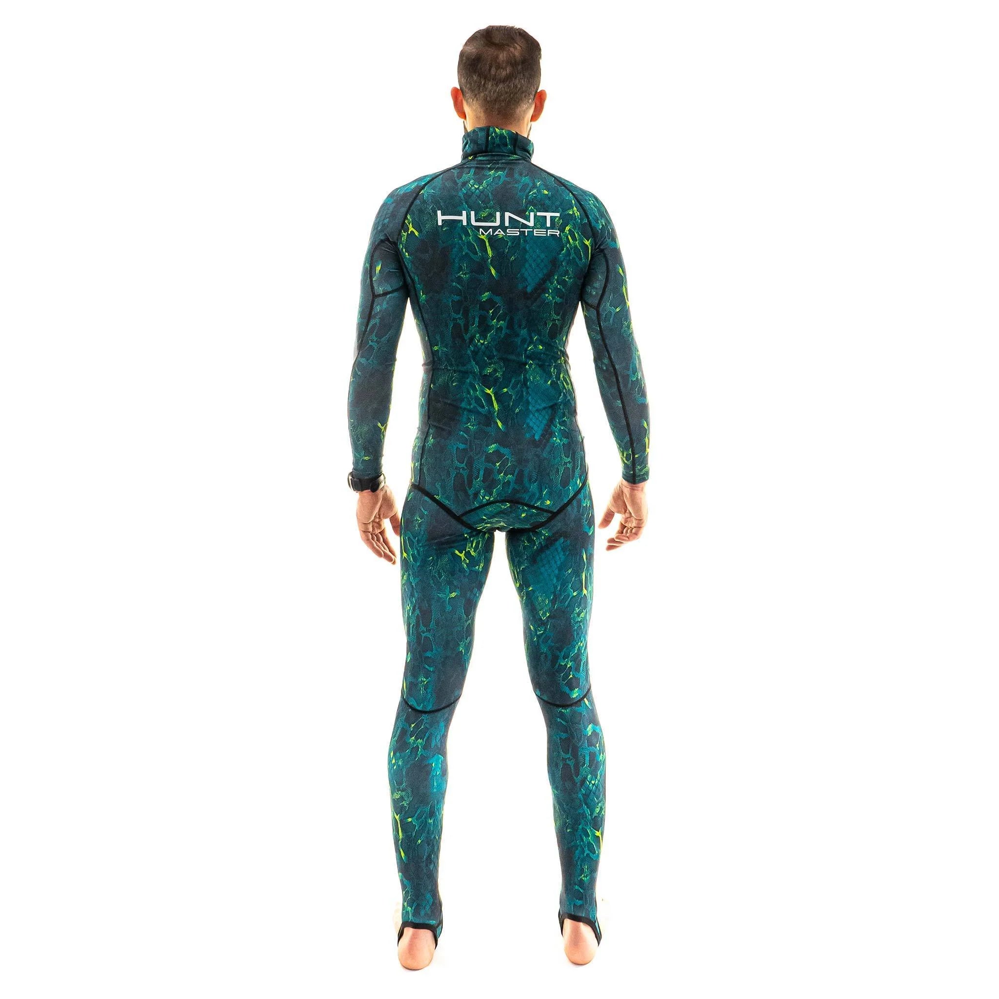 Hunt Master Camo Unisex Hooded Spearfishing Rashguard Top & Long John Pants Set with Chest Pad - UV Protection & Quick Dry for Scuba Diving, Freediving, and Water Sports