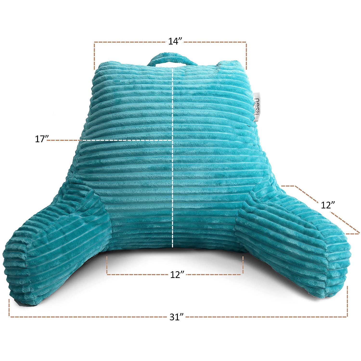 Nestl Reading Pillow for Adults - Plush Back Support Pillow with Shredded Memory Foam, Armrests & Storage Pockets - Perfect for Reading, Watching TV, or Relaxing in Bed (Teal)