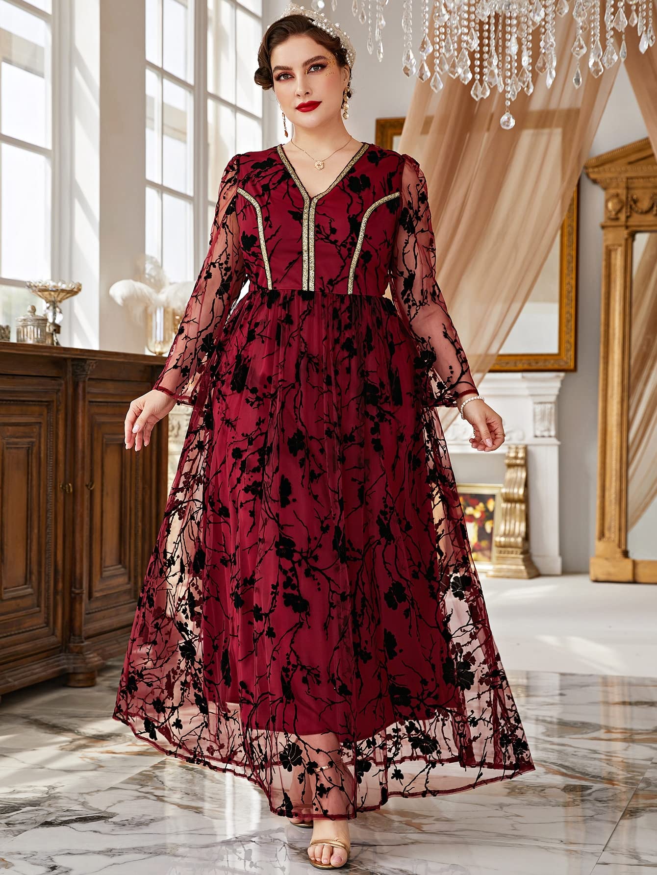 HUFFA Plus Size Floral Mesh Maxi Dress for Women - Elegant Long Sleeve Contrast Tape Design (3X-Large) | Perfect for Weddings, Parties & Special Occasions