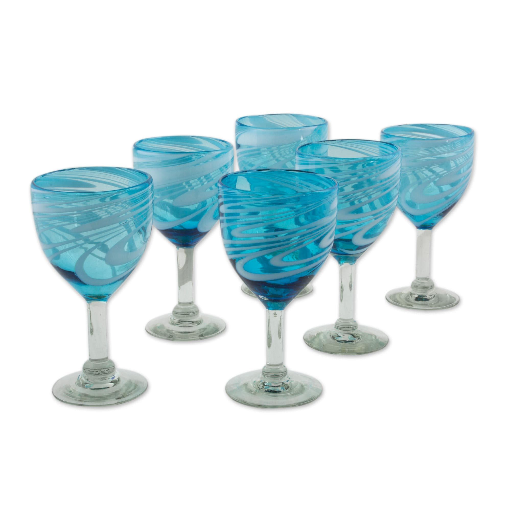 NOVICA Hand Blown Blue Glass Wine Glasses Set of 6 - 12 Oz Large 'Whirling Aquamarine' - Perfect for Dinner Parties, Wedding Gifts & Home Decor
