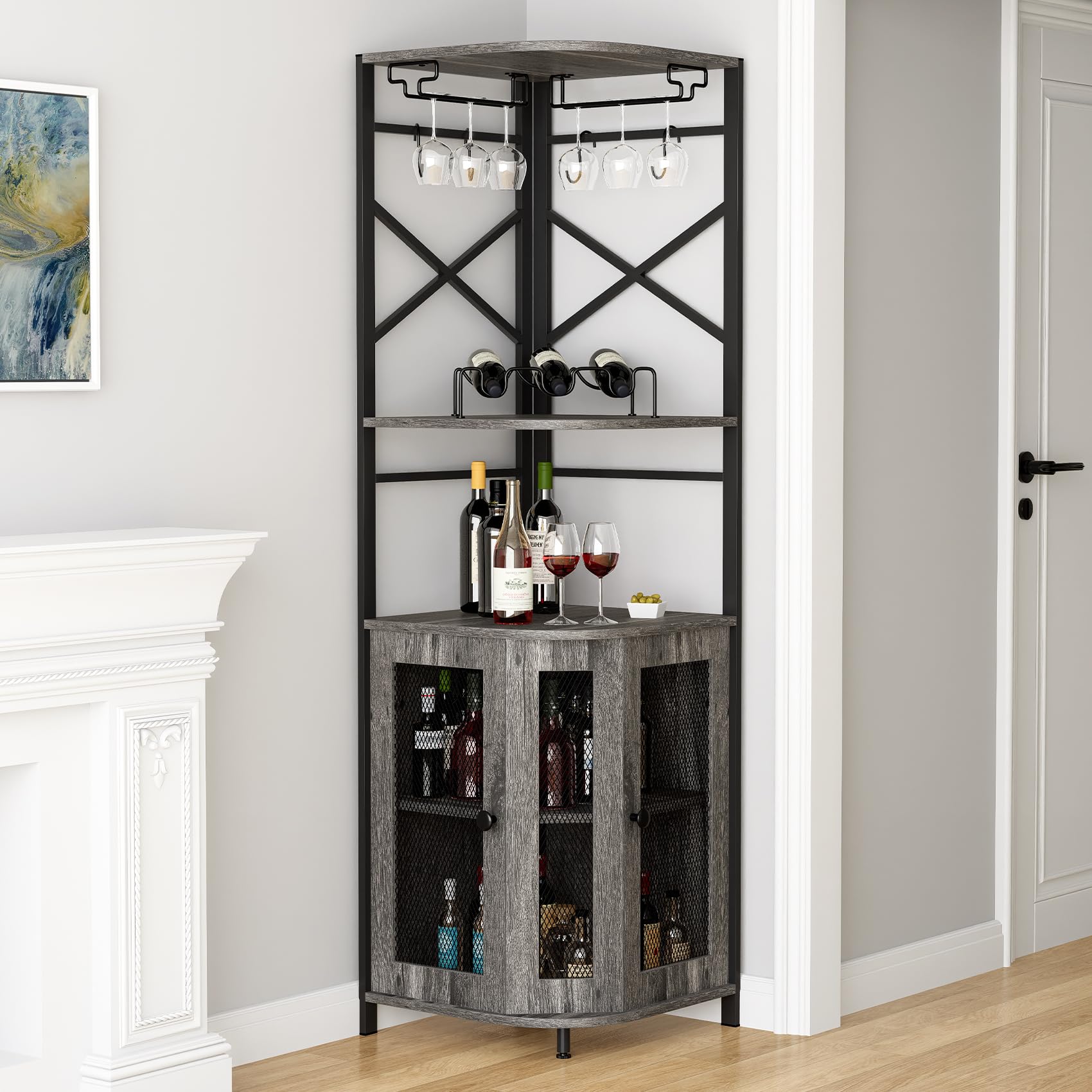 Modern Grey Corner Bar Cabinet with Wine Rack, Glass Holder & Adjustable Shelves - Mesh Door Liquor Storage Cabinet for Home Bar, Dining Room or Entertainment Area