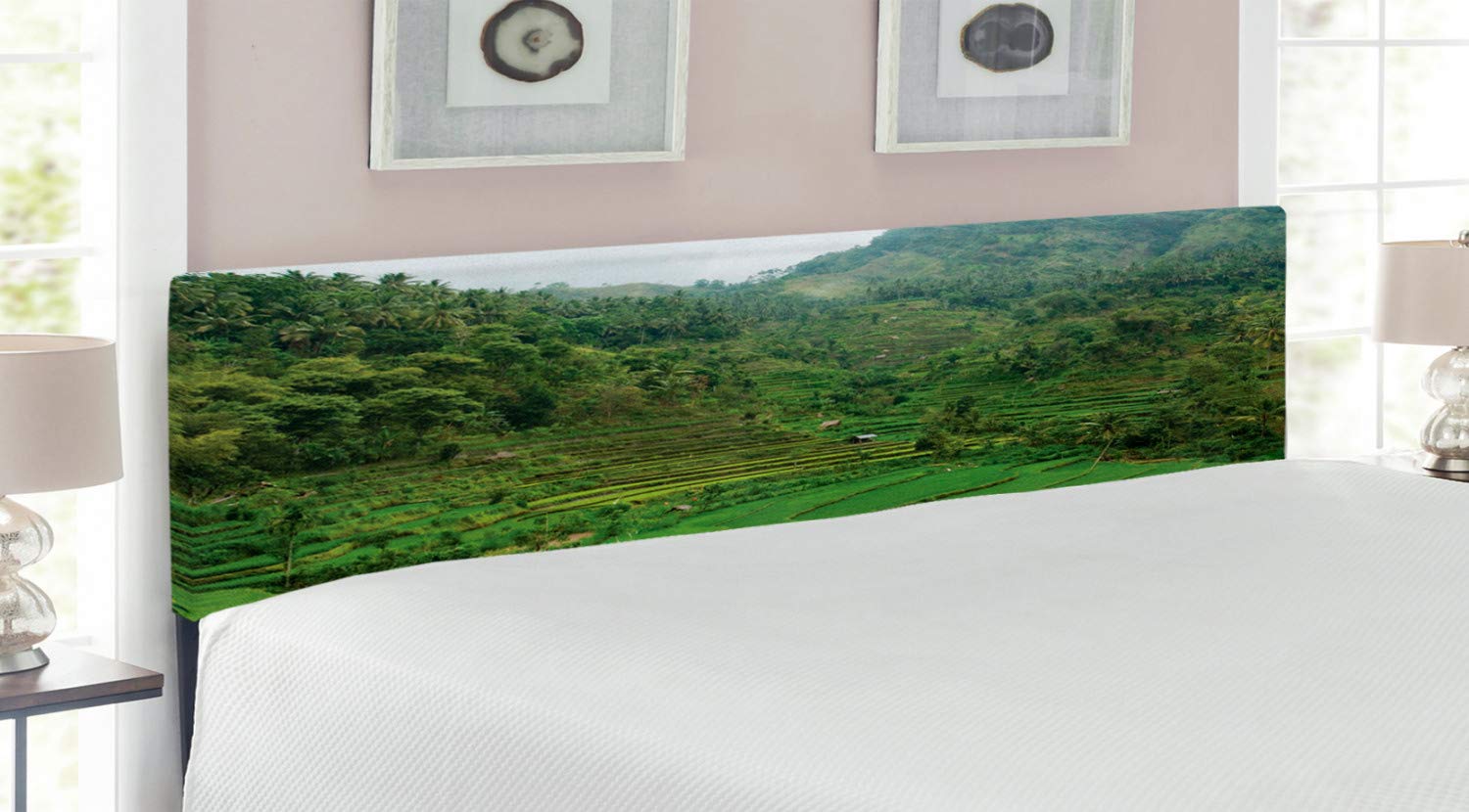 Ambesonne Balinese Headboard - Terraced Rice Paddies Tropical Valley Farming Scene, Upholstered Decorative Metal Bed Frame with Memory Foam, King Size Green Headboard for Bedroom Decor | Perfect for Farmhouse, Tropical & Asian Inspired Home Interiors
